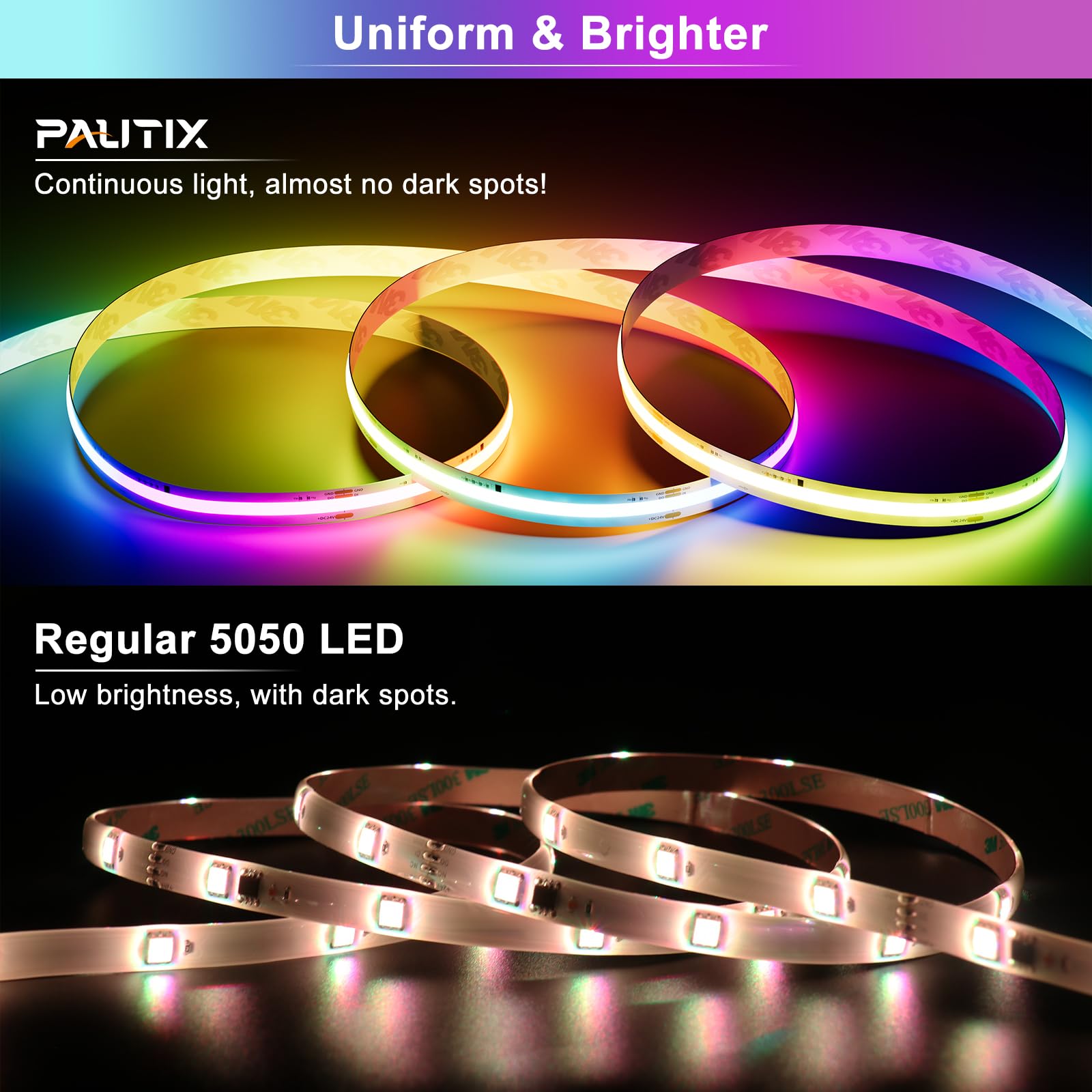 PAUTIX RGB Smart IC COB LED Strip Light, 24ft Multicolor, DC24V, Flexible Tape for TV & Bedroom, Model SRGB630F012W24-COB-7