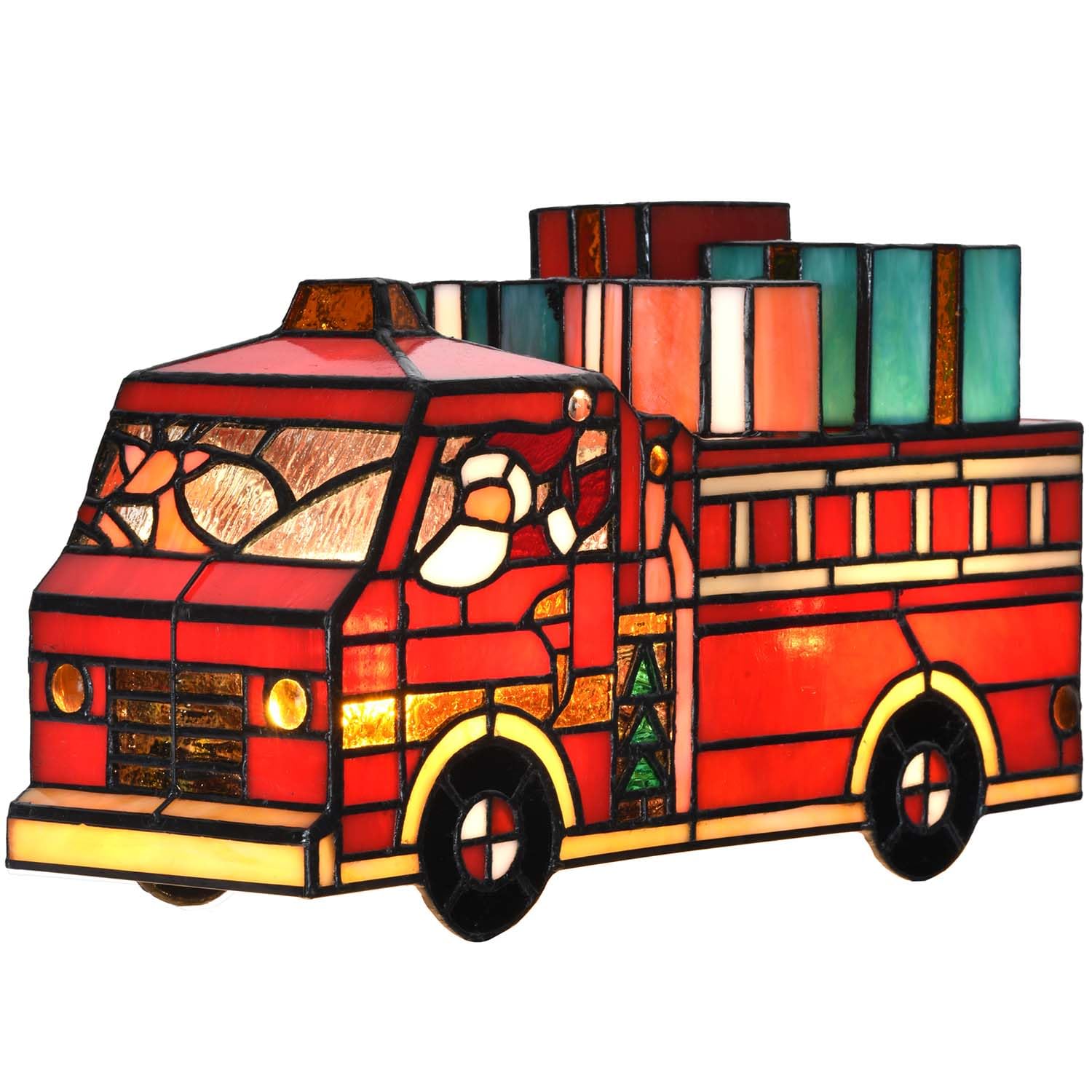 Bieye L12009 Tiffany Style Stained Glass Christmas Fire Truck Table Lamp with Santa, Reindeer, and Gifts, Handmade Holiday Decor