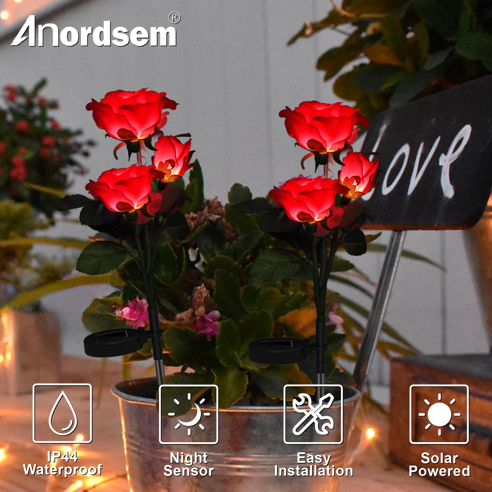 Anordsem Rose Lights Solar Powered Garden Light, Waterproof, Colorful, 2 Pack, Red, Silk