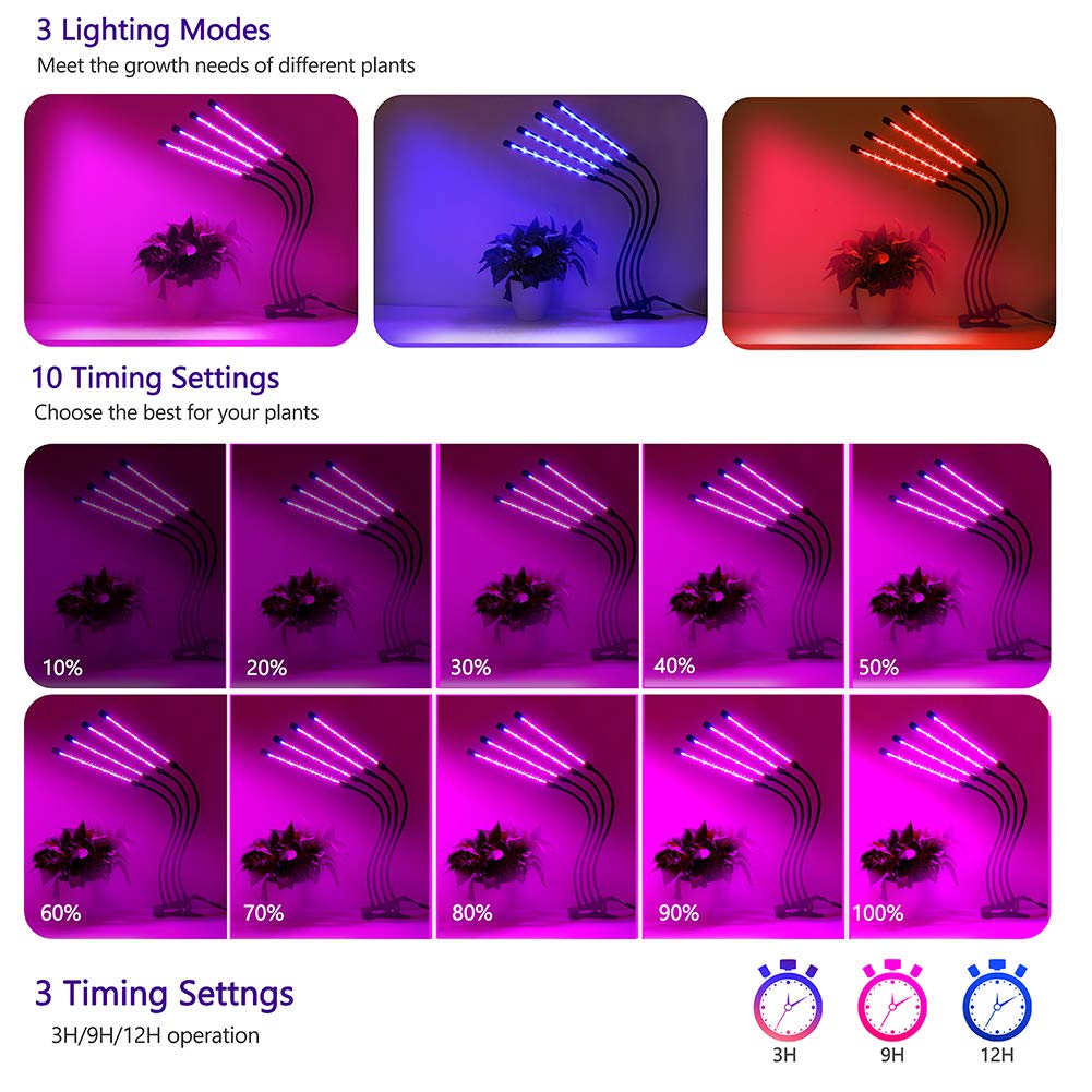 Felibeaco 80W Plant Grow Light - 4 Head LED, Full Spectrum, Auto Timer, Dimmable, Flexible Gooseneck, Black, Clip Model 55dde8ba