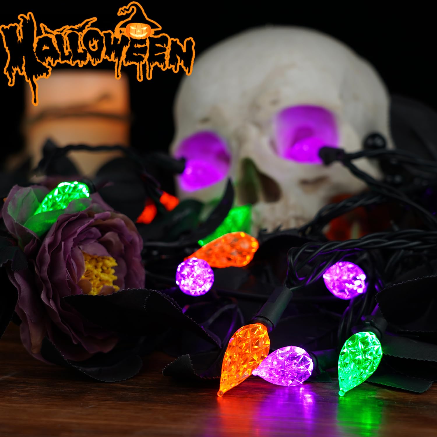 BOHON LED Fairy Lights String, 50 Orange Purple Green C6 Lights, 25ft Waterproof, Black Wire, Model BH-KLC6D50L