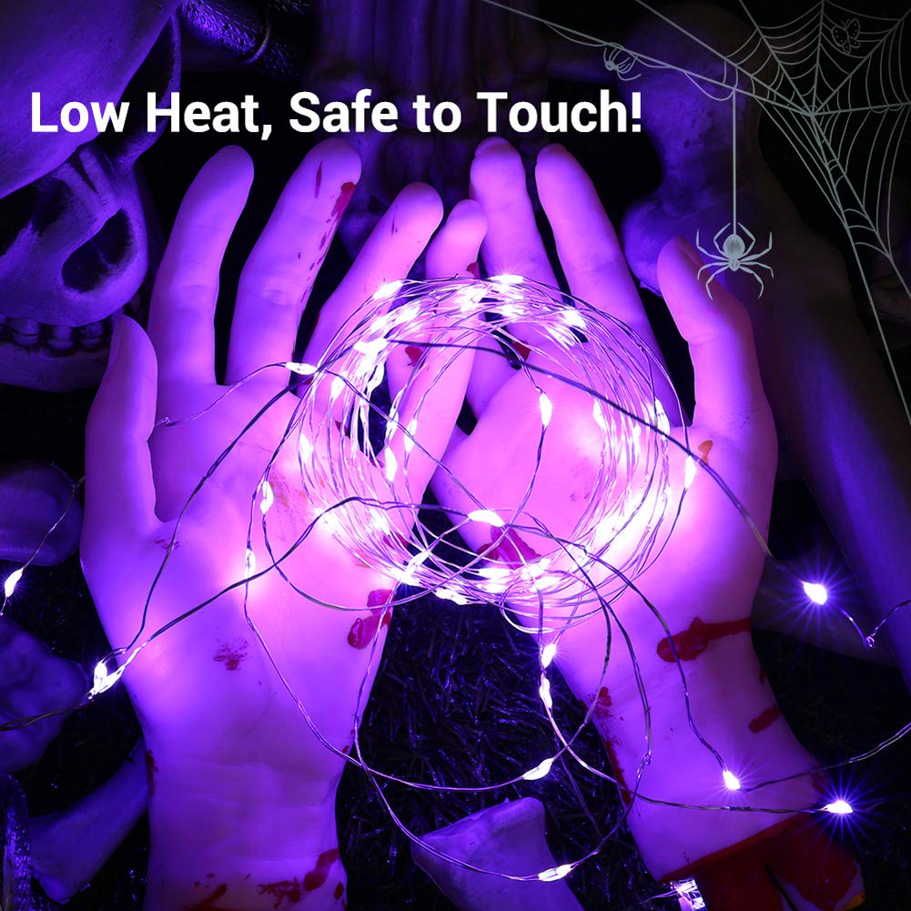 BrizLabs Purple Halloween Lights, 19.47ft 60 LED Battery Halloween Lights, 8 Modes Purple Fairy String Light with Remote, Waterp