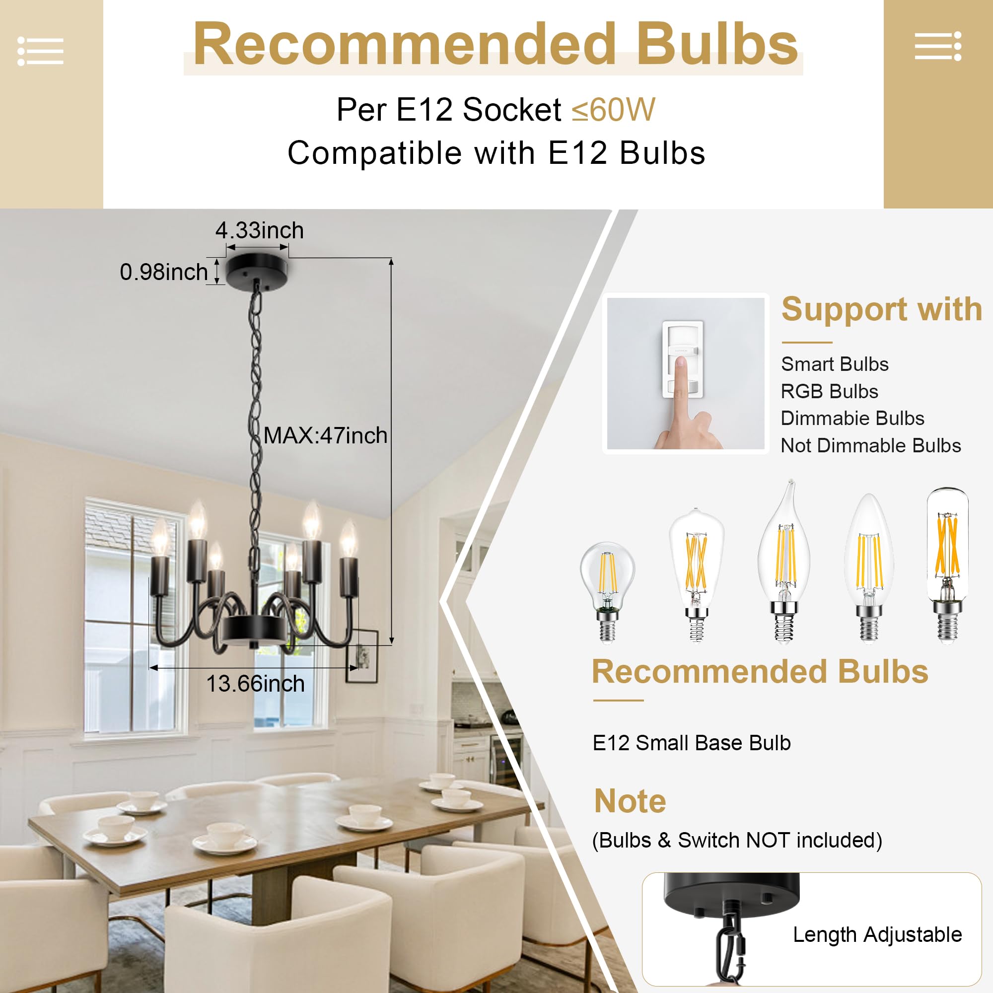 hansang Black 6-Light Farmhouse Chandelier, 47" Adjustable Rope Fixture, E12 Base, Modern Candle Design for Dining Room or Bedroom