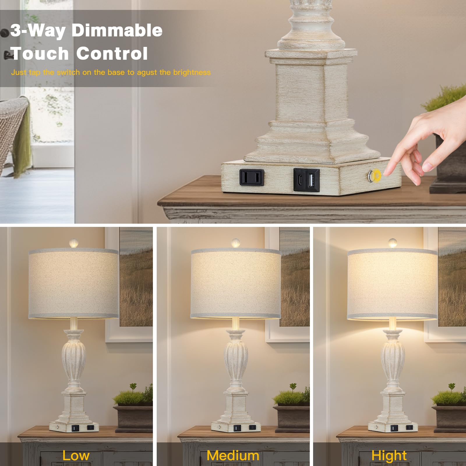 Cinkeda 27'' Farmhouse Table Lamps Set Of 2 With Usb C+A Ports & Ac Outlet For Vintage Living Room Retro Bedroom,3-Way Dimmable