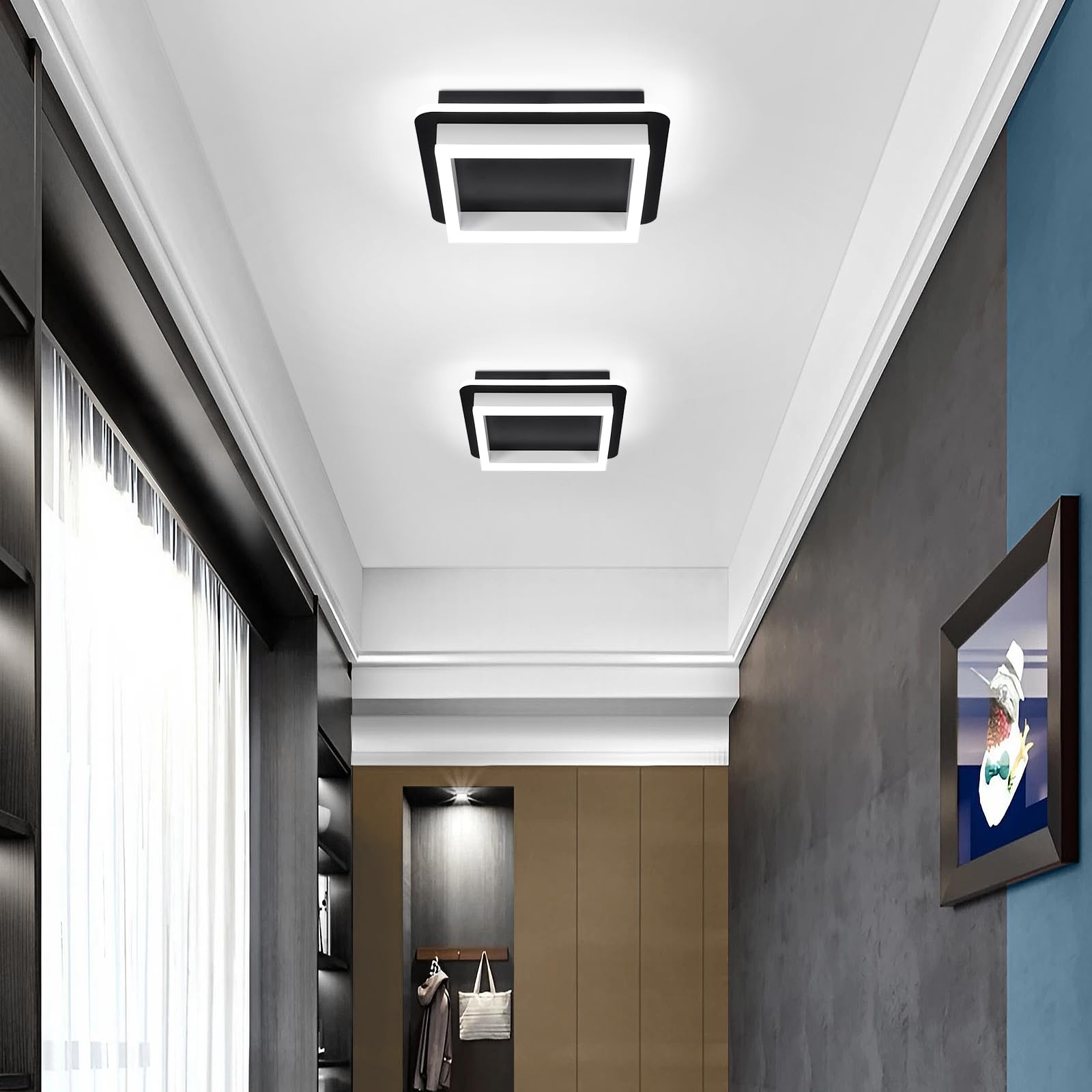 Caneoe Black Led Hallway Light Fixtures 6000K Cold White Led Modern Ceiling Light Fixtures Acrylic Square Flush Mount Ceiling La