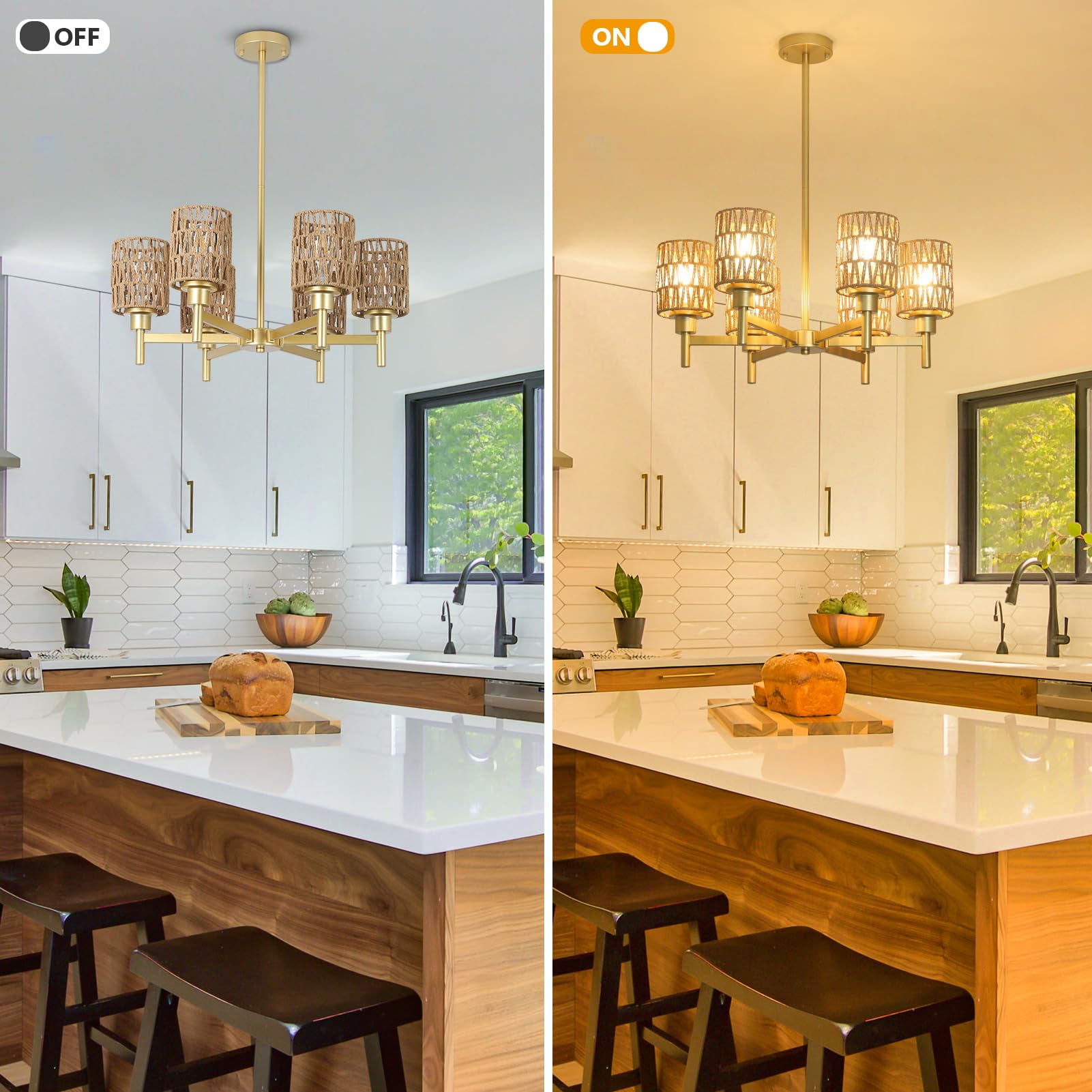 6-Lights Gold Chandelier Light Fixture - Boho Rattan Chandeliers For Dining Room, Farmhouse Kitchen Lighting Fixtures Ceiling, H