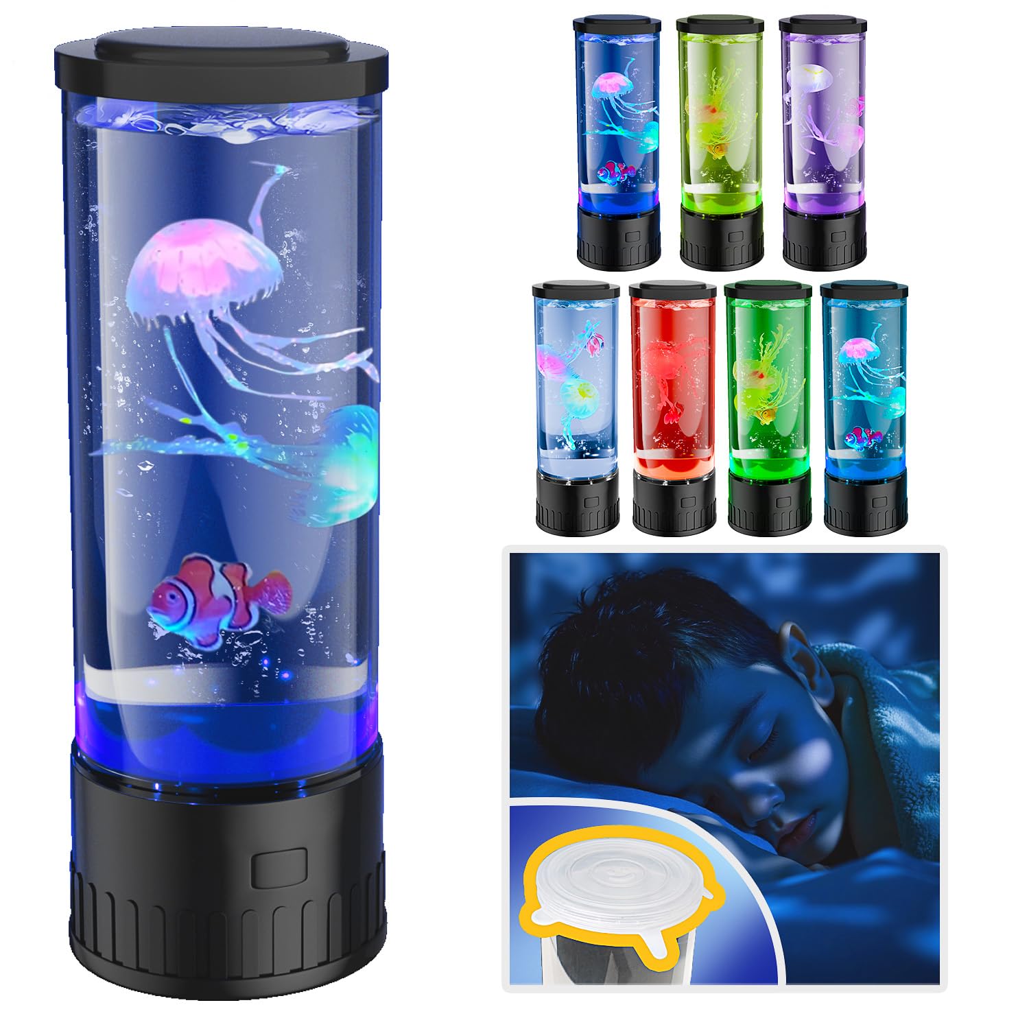 Fanfoobi Auto-Color-Changing Jellyfish Lamp with Dual Lids (Black & Transparent), Jellyfish Tank Table Lamp, Sensory Aquarium Mo