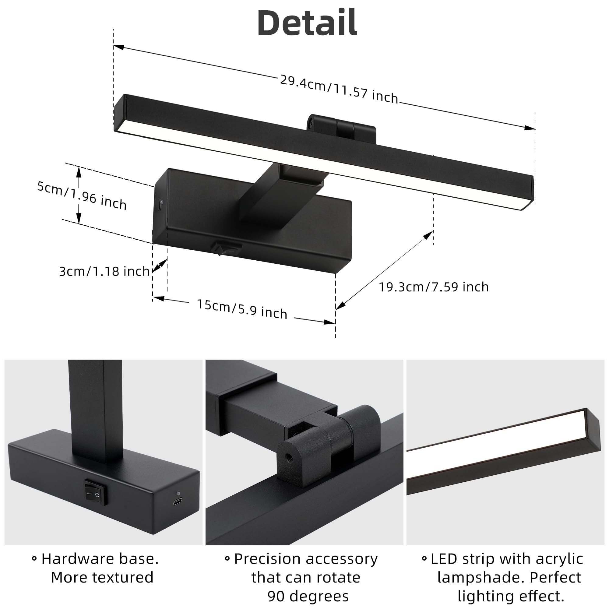 ZitoStory 12in Black Dimmable Wireless Picture Light with Remote, LED Wall Sconce for Paintings, Model 7118, 3000K