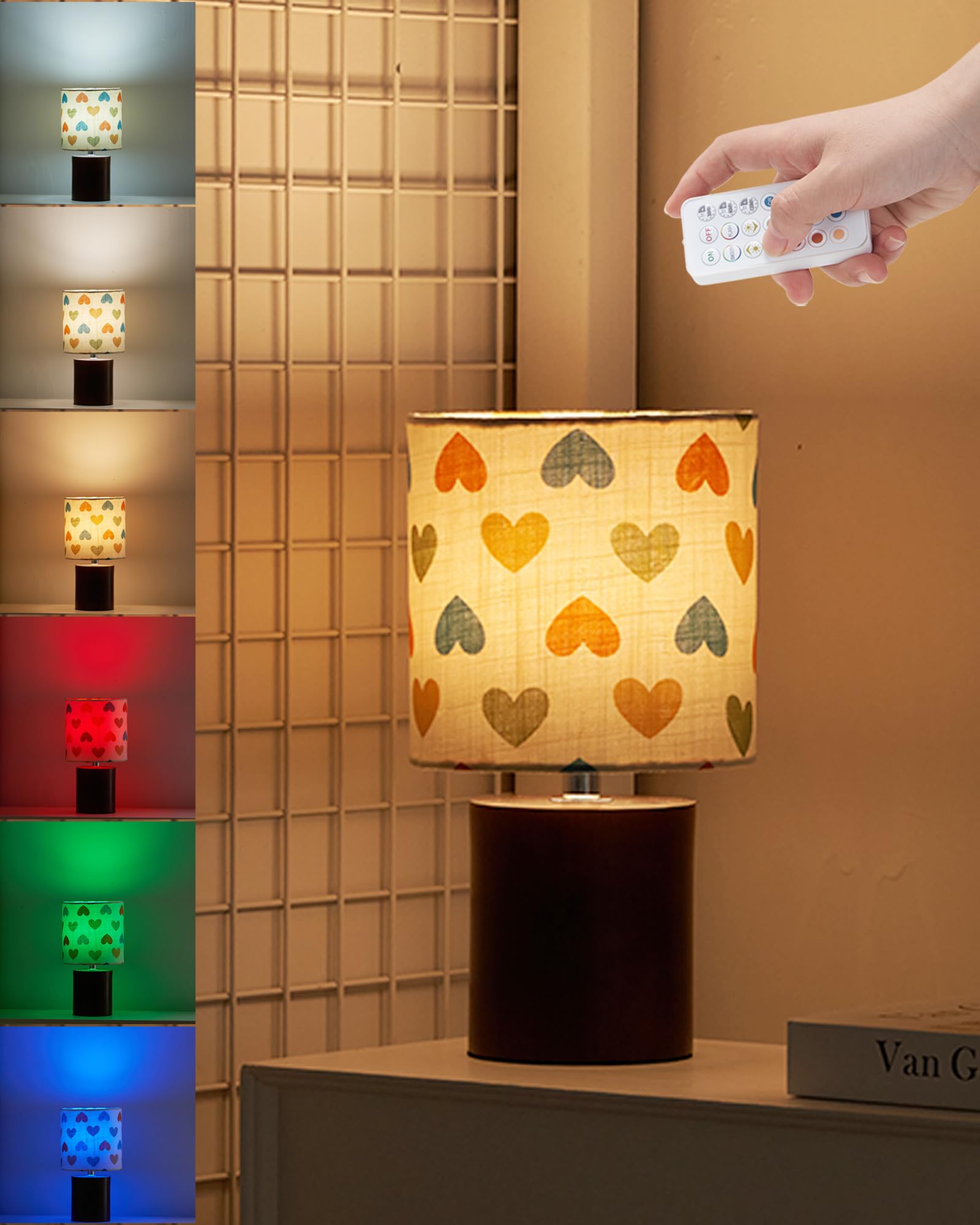 UMEXUS Rechargeable Cordless Table Lamp with Timer, Remote, Dimmer, Small, Linen, Colorful Heart, Model 90027