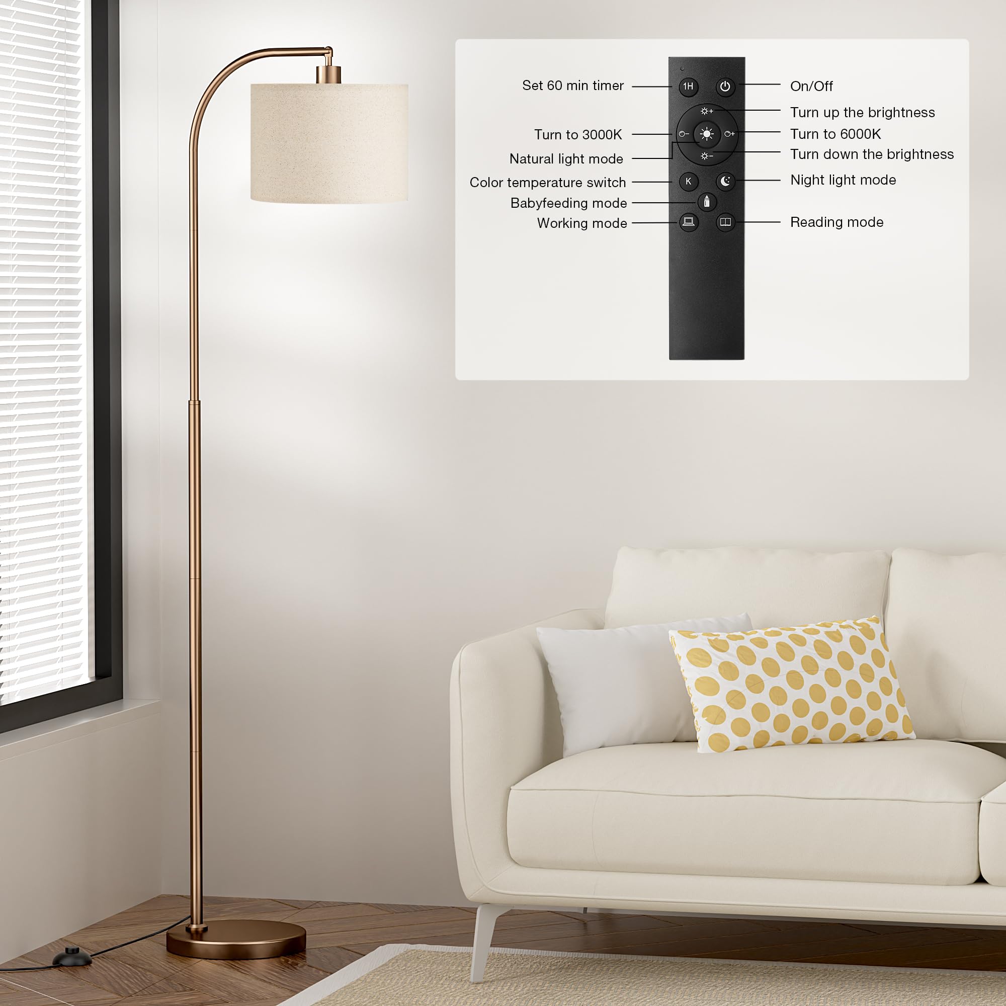 Ambimall Arc Floor Lamp With Remote And Stepless Dimmable Bulb, Colors Temperature & Brightness Adjustable, Brown Floor Lamps Fo