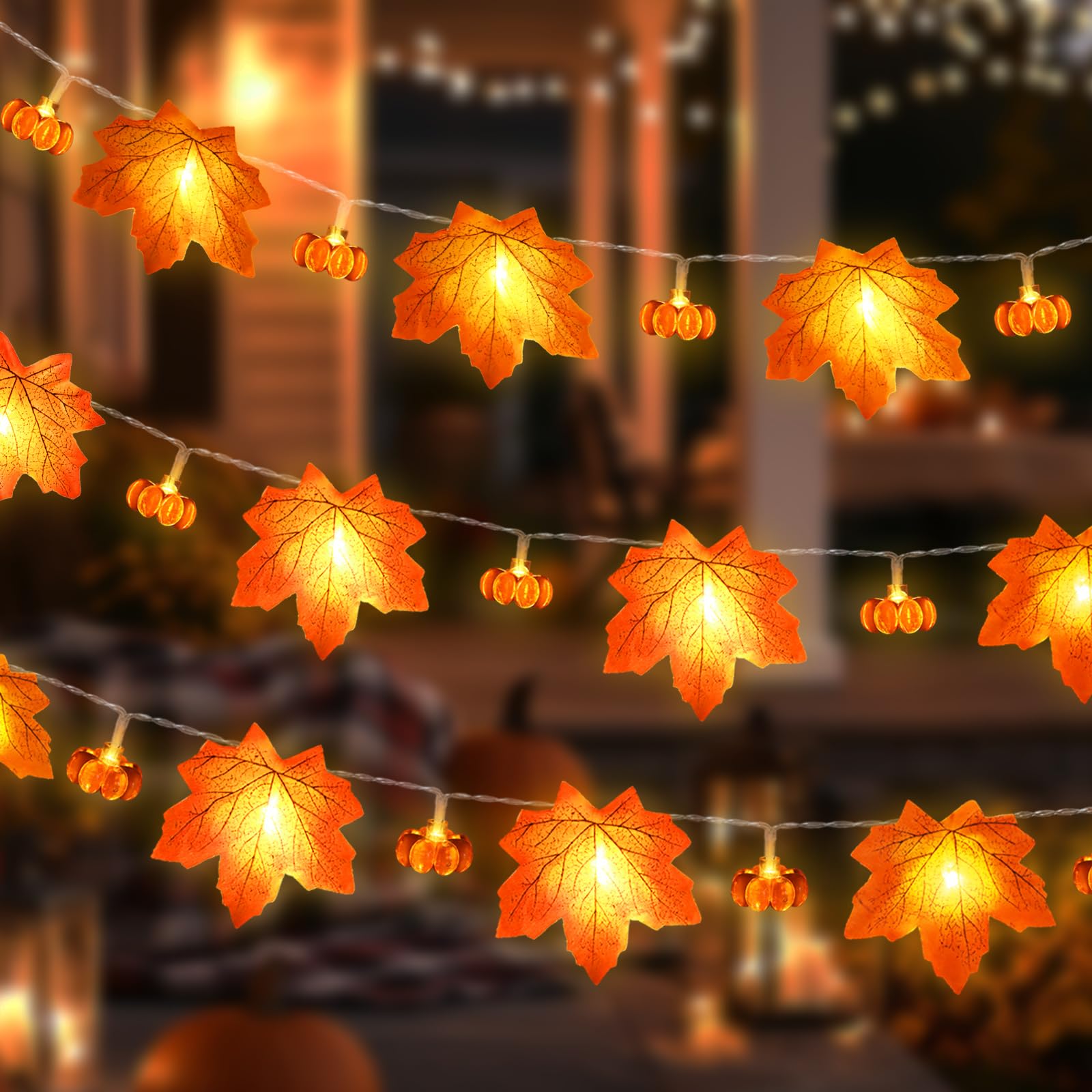 4 Pack Thanksgiving Decorations Maple Leaf Pumpkin Lights, Total 40Ft 80 LED Battery Operated 3D Pumpkin Fall Leaves Garland Str