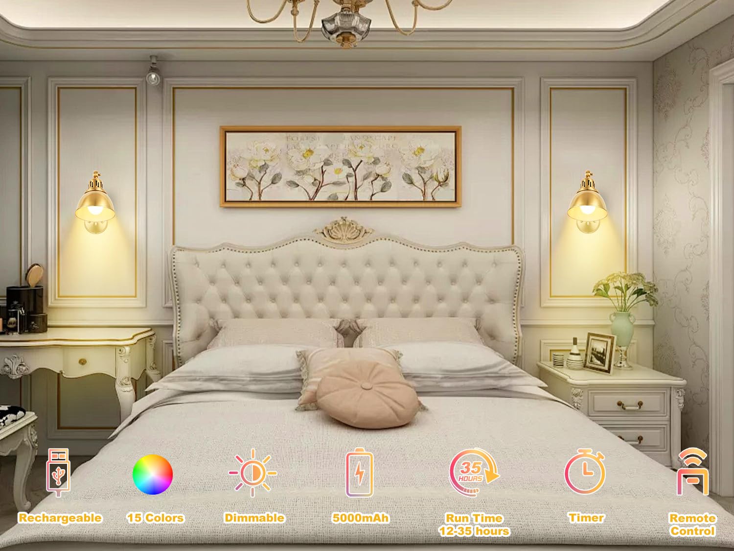 GOODATE Battery Operated Wall Sconces, Gold Vintage Wireless Lights, Rechargeable, Remote Control, 15 Color Modes, Model LK-2P-DC