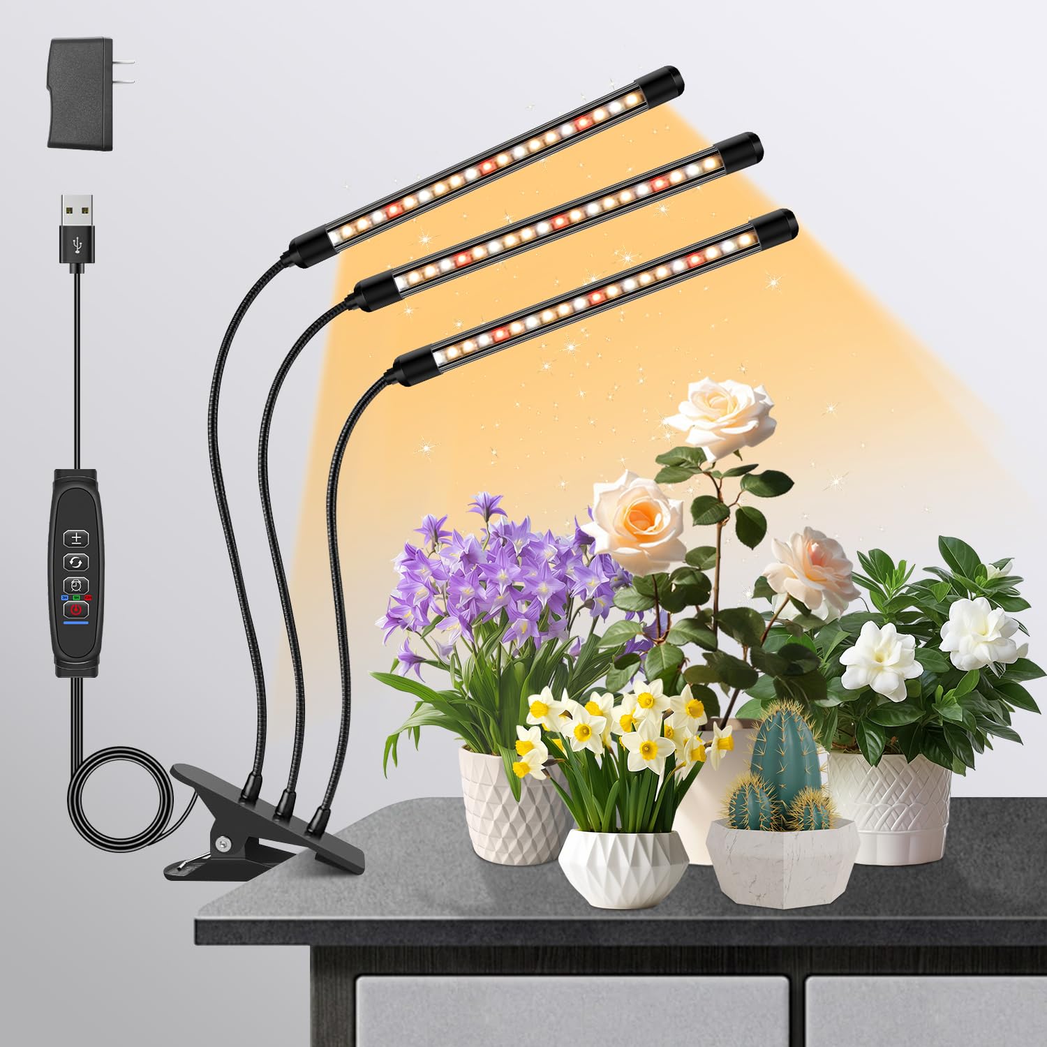 Lpmzmbl Grow Lights For Indoor Plants, Lpmzmbl Full Spectrum 3 Heads Plant Grow Light With Clip, 10 Dimmable Levels, And 3/9/12H Timer For Plant Growing (5V 3A)