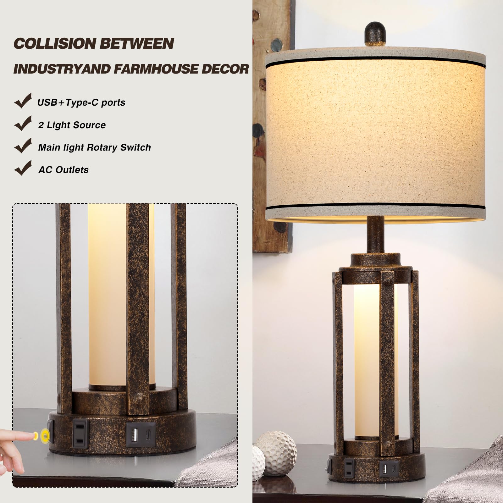 26" Farmhouse Table Lamps Set Of 2, Vintage Rustic Industrial Beside Lamps With Usb A+C Charging Ports & Ac Outlet, Nightstand Lamp With Glass Night Light & Linen Fabric Shade For Living Room Bedrooms