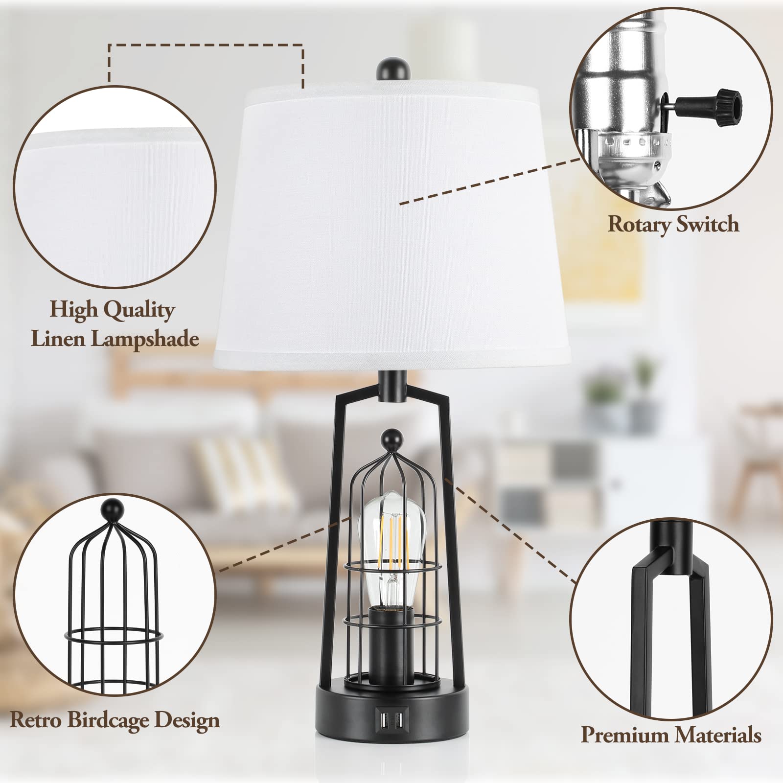 Brightever Farmhouse Table Lamps Set of 2, Rustic Metal with USB Ports, White Shades, Model JT2026.WH