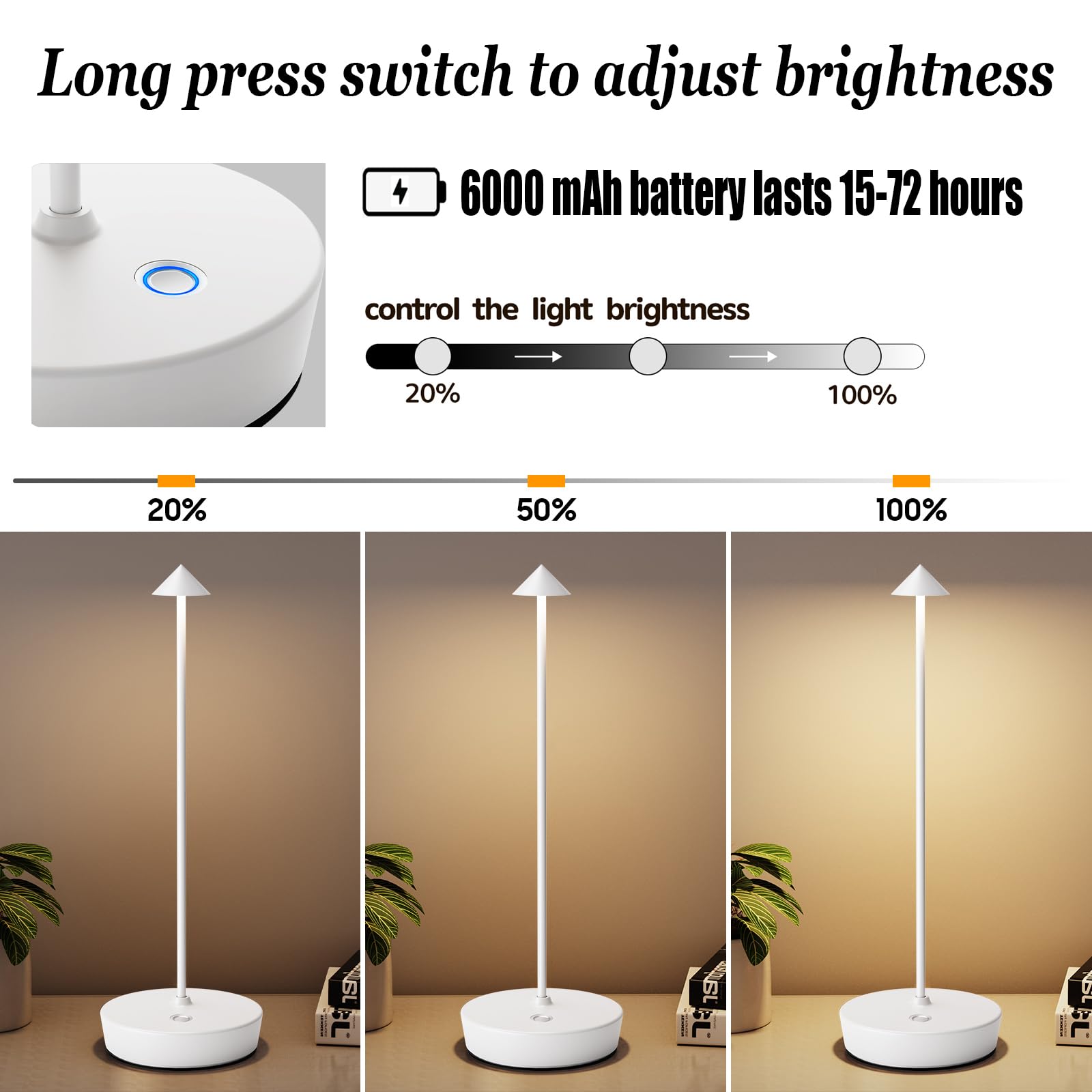 YIBEN Rechargeable Cordless Table Lamp, 6000mAh LED, 3 Levels Brightness, 12.8in H x 4.3in W, 2pack White