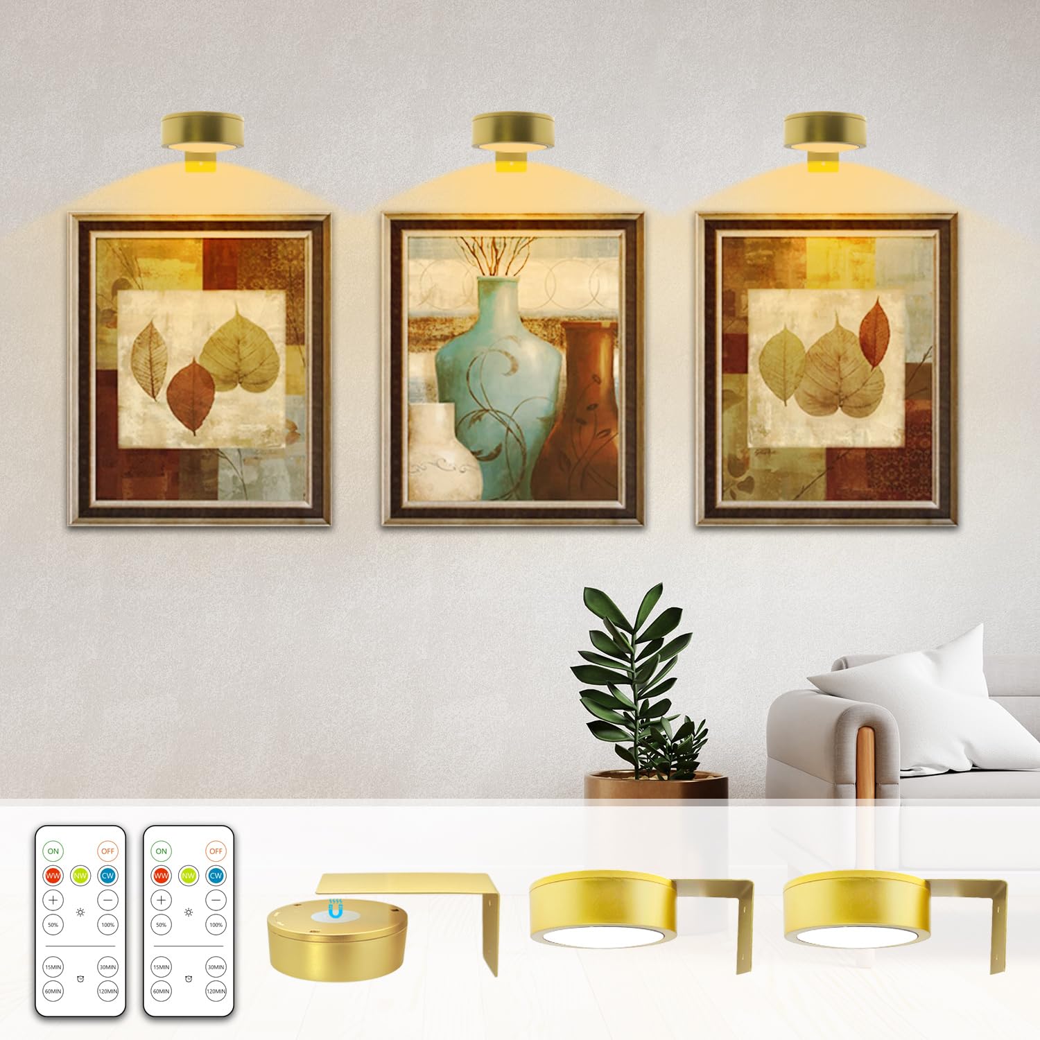 Arixinks Battery Picture Light 3Pack Gold,Wireless Painting Light with Remote,3 Lighting&Dimmable,Wall Art Light for Painting Ac