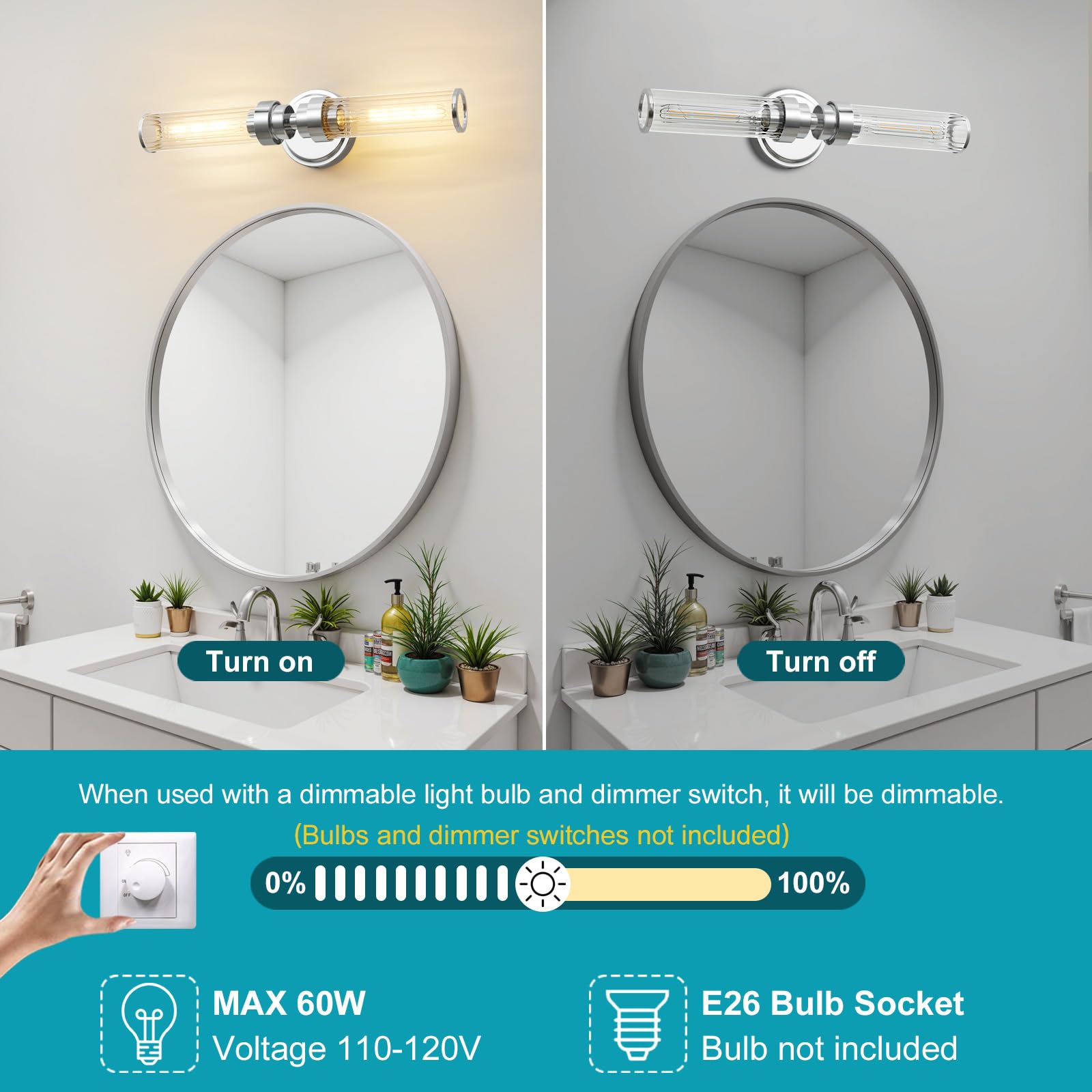 Vaziden Bathroom Light Fixtures  Chrome Wall Sconce In Threaded Glass Indoor Vanity Lights  Modern Bathroom Vanity Light Up And Down Sconces Wall Lighting For Bathroom  Living Room - Bulb Not Included