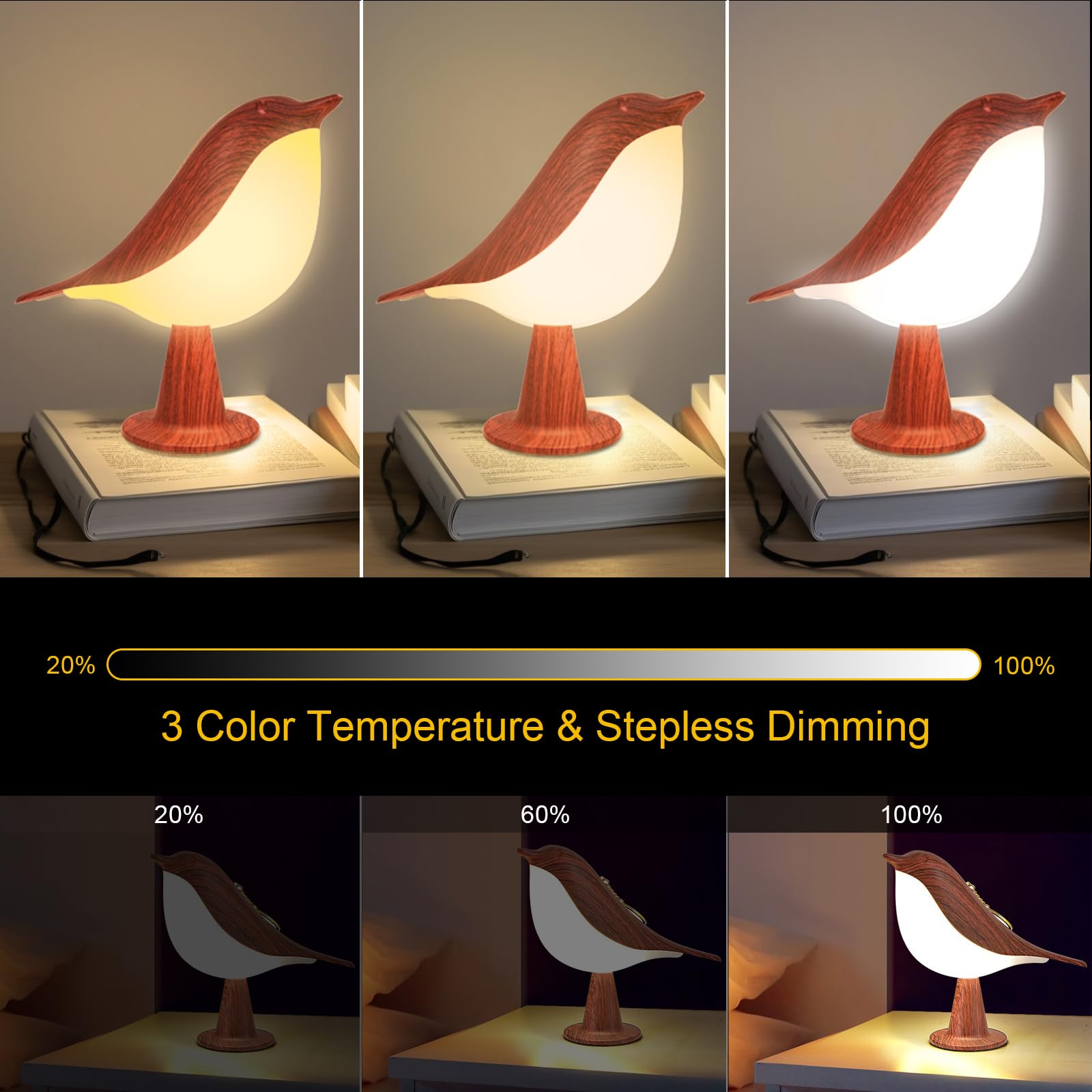 Vquand Red Bird Desk Lamp - Dimmer Kids Night Light, Touch Sensor, 3 Color Temperatures, Rechargeable