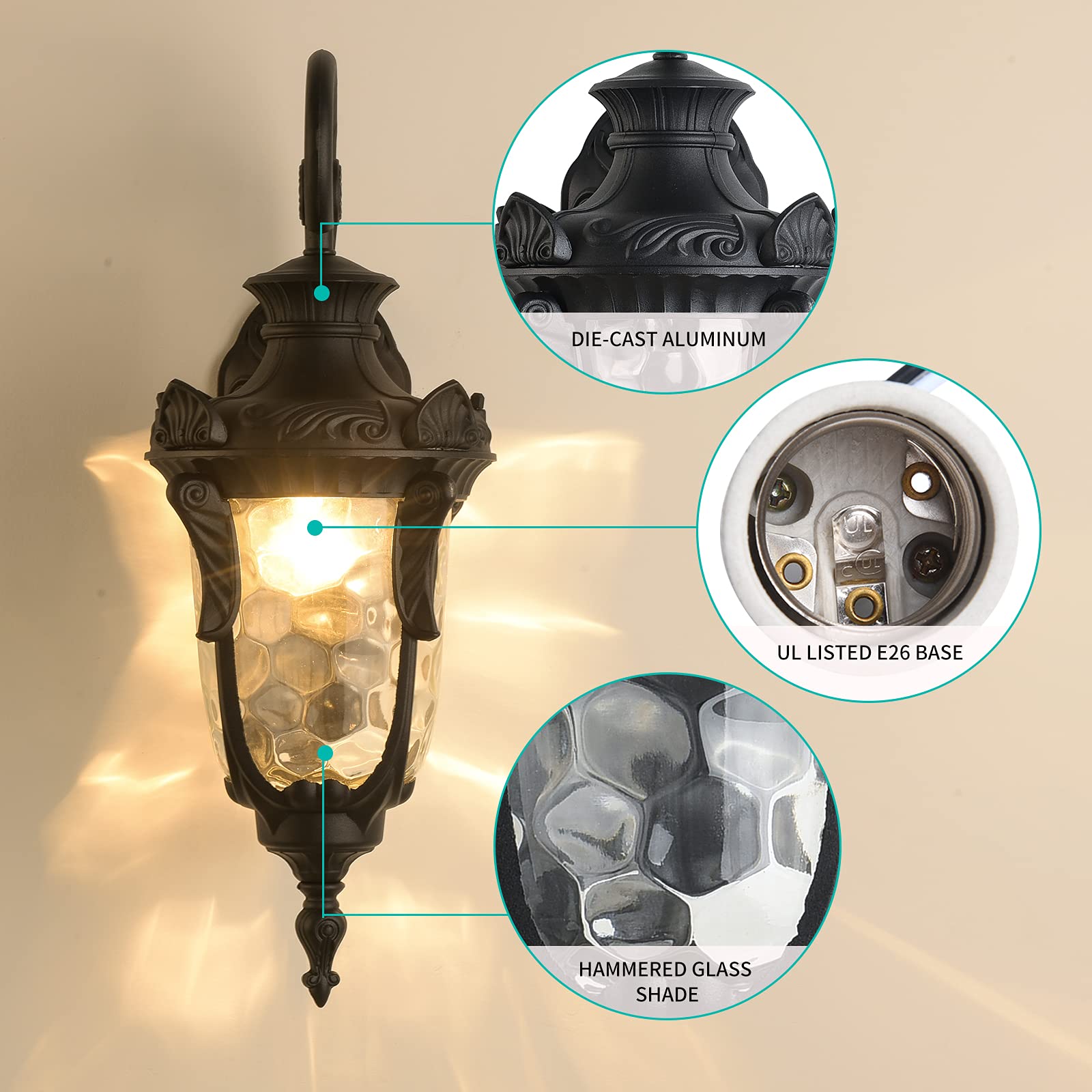 Lonedruid Black Outdoor Wall Light 20.47&quot; H Waterproof Sconce With Hammered Glass Shade