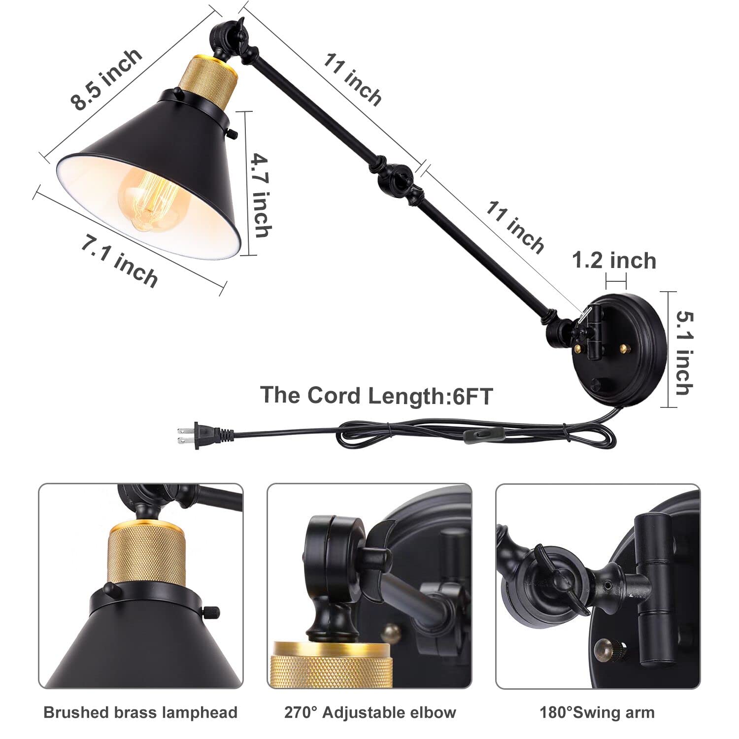 TRLIFE Dimmable Wall Sconce, Swing Arm Light, Metal, Black, E26 Base, 1 Pack, UL Listed, Two-Arms