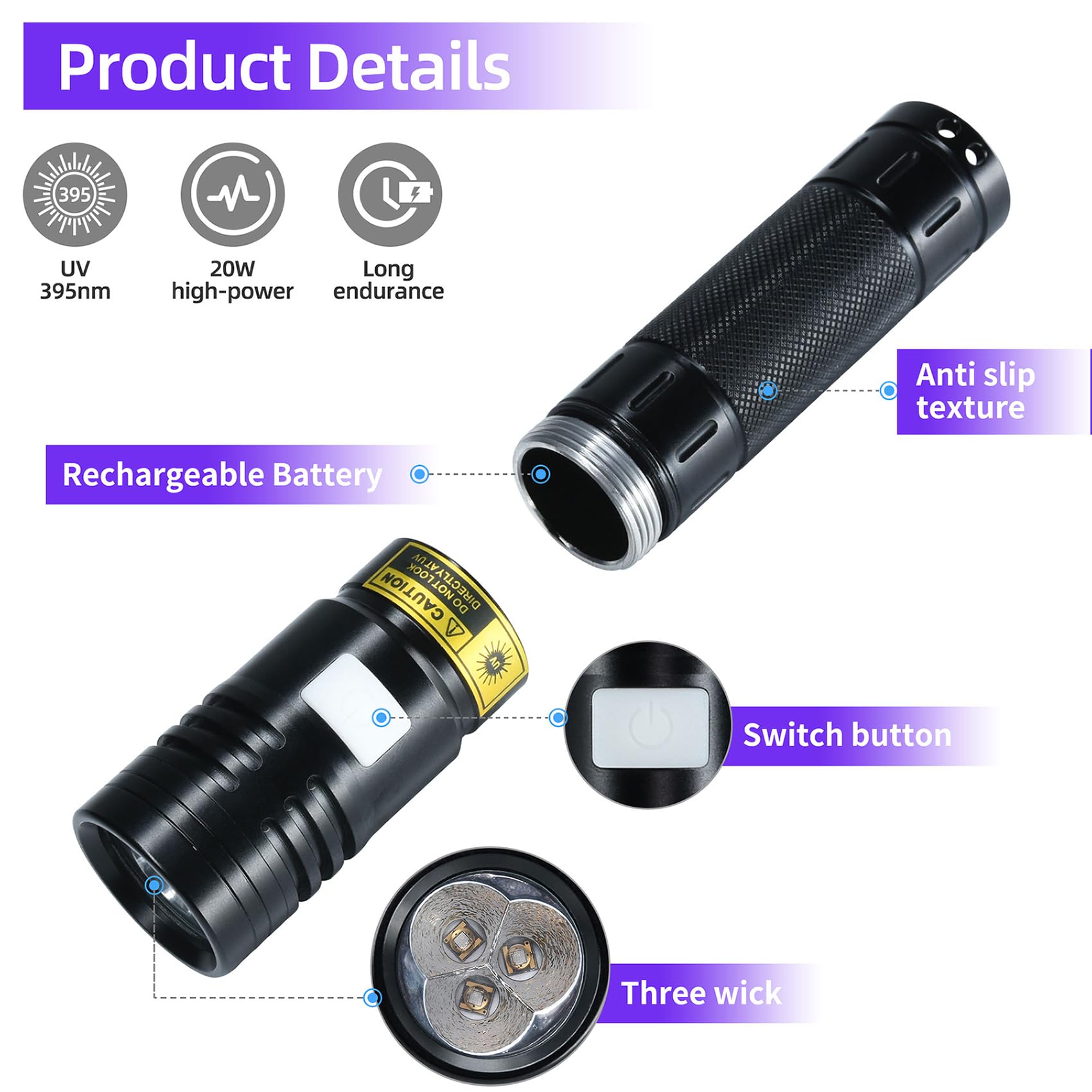 DARKBEAM UV Flashlight 20W 395nm Black Light Mini Rechargeable Detector for Pet Urine, Uranium Glass - Model UF2201-395nm-04