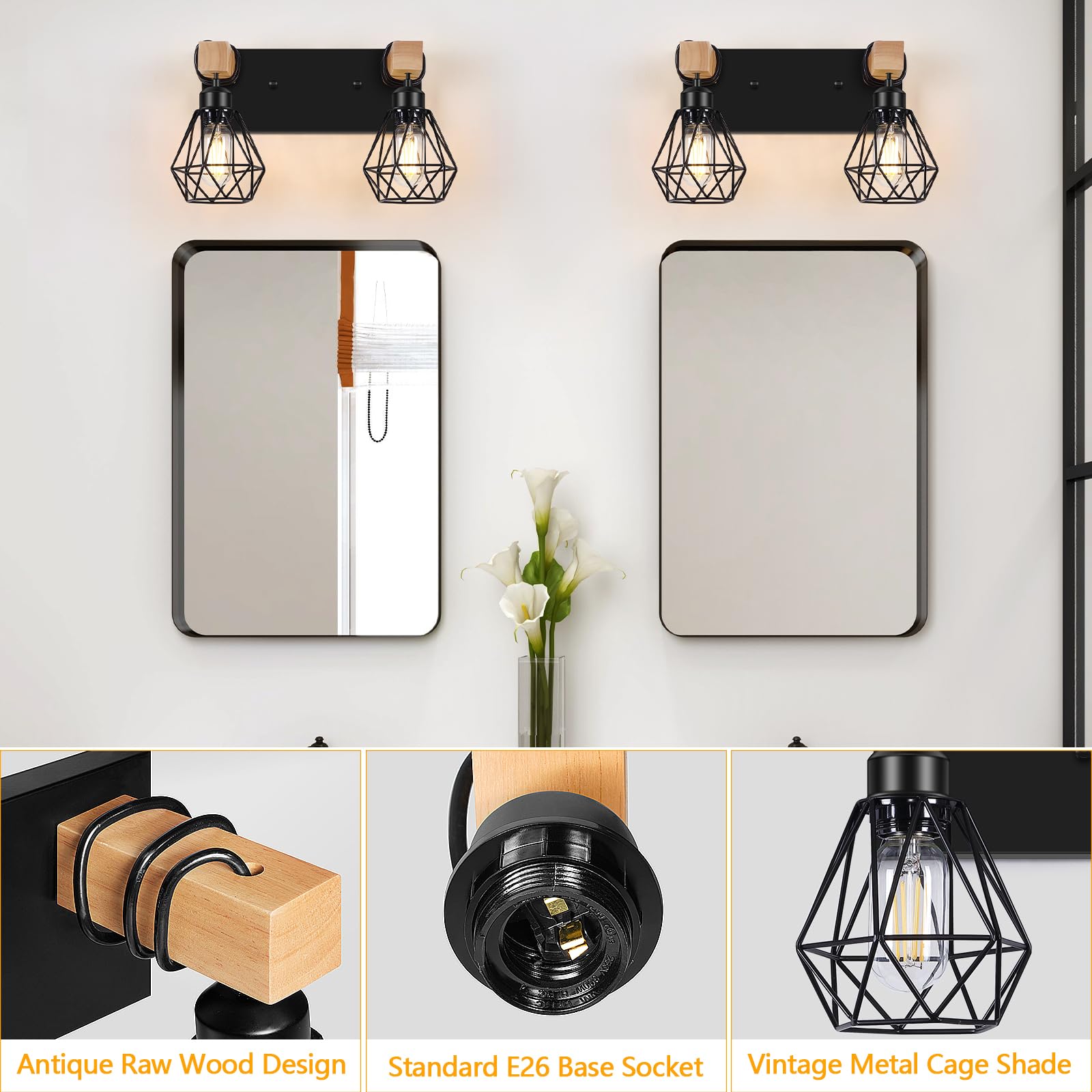 Fadimikoo 2-Light Rustic Style Wood Bathroom Wall Sconce  Farmhouse Vanity Lighting Fixture Fopr Bathroom  Industrial Wood Wall Light Over Mirror With Metal Shade  Bulbs Not Included