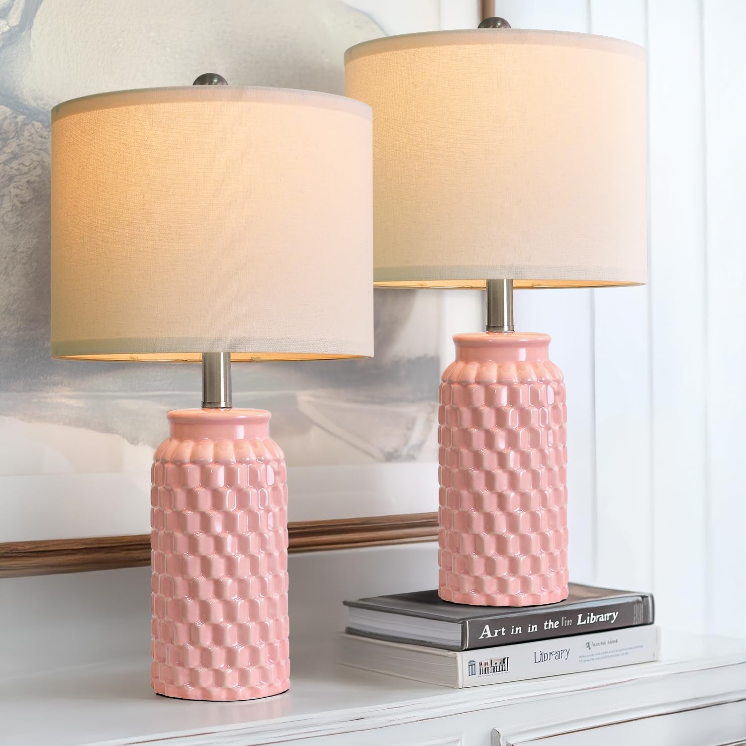 Usumkky 20.5'' Pink Table Lamps Set Of 2,Modern Farmhouse Bedside Lamps - Ceramic Nightstand Lamps For Bedroom,Boho Living Room