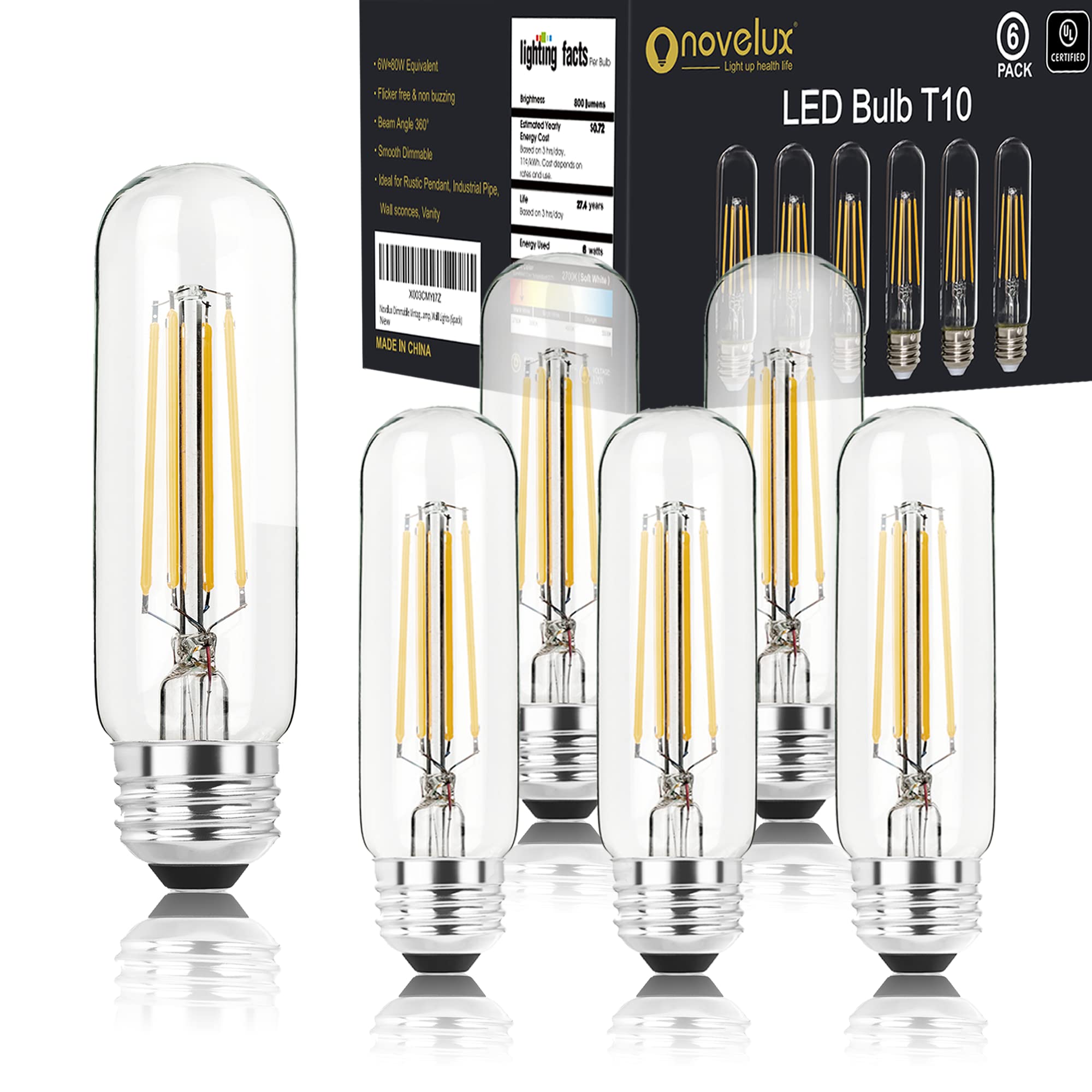 Novelux 5 Inch 2200K Edison Bulbs Amber Dimmable,Vintage Style Decorative Antique Light Bulb,T10 Long Tubular Light Bulbs,T9 6W