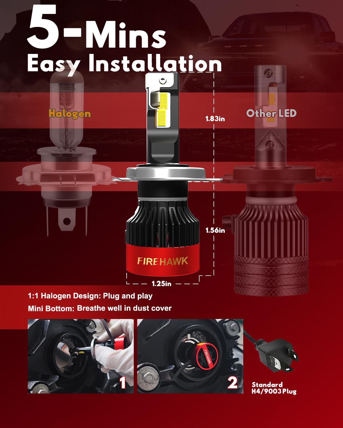 Firehawk H4/9003/HB2 LED Bulbs - 70000LM 6000K Cool White, Plug-N-Play Fog Light, Pack of 2
