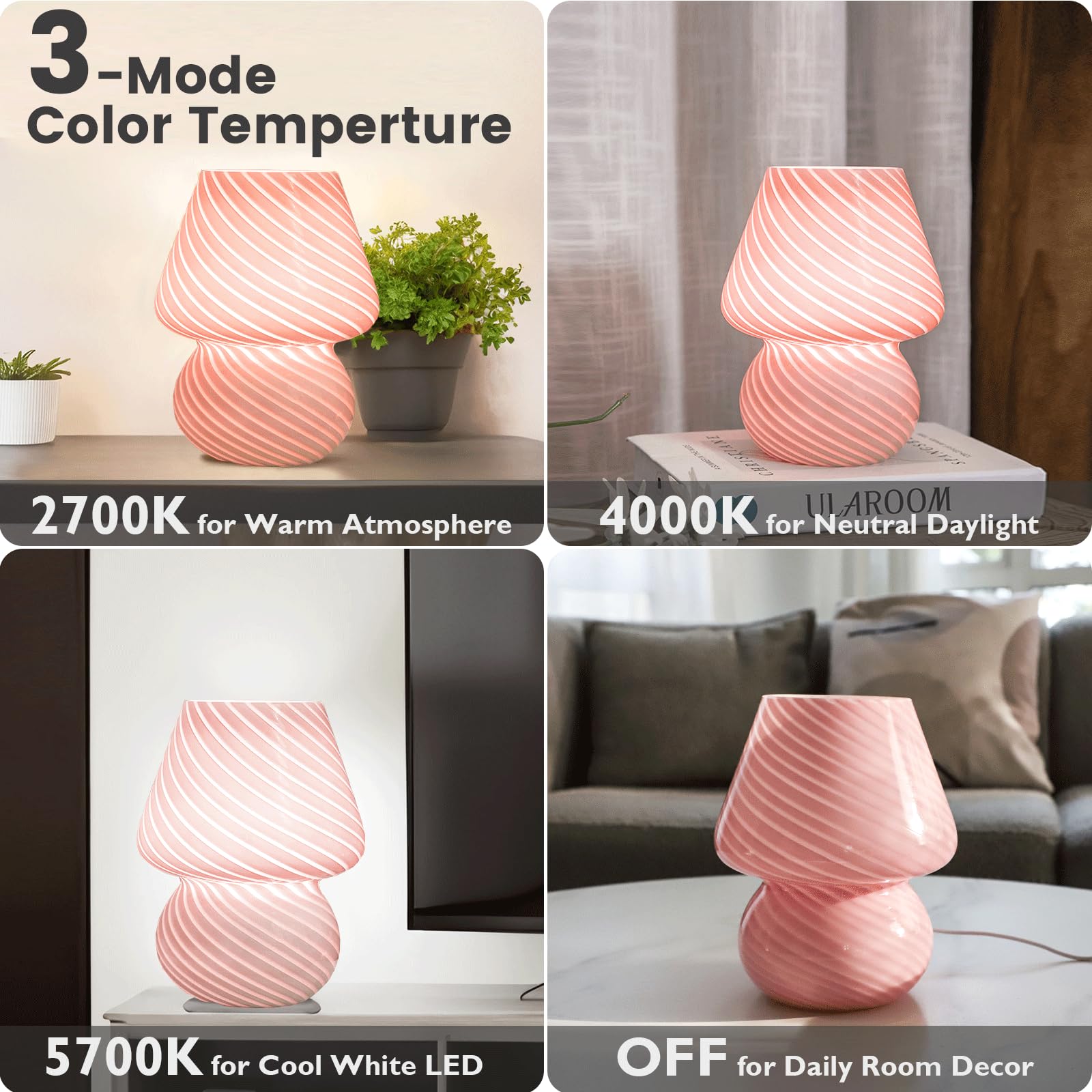 Ularoom Usb Plug-In Mushroom Lamp Small Bedside Table Lamp With 3 Temperature Led Bulb, Free Dimming Nights Light For Bedroom/Li