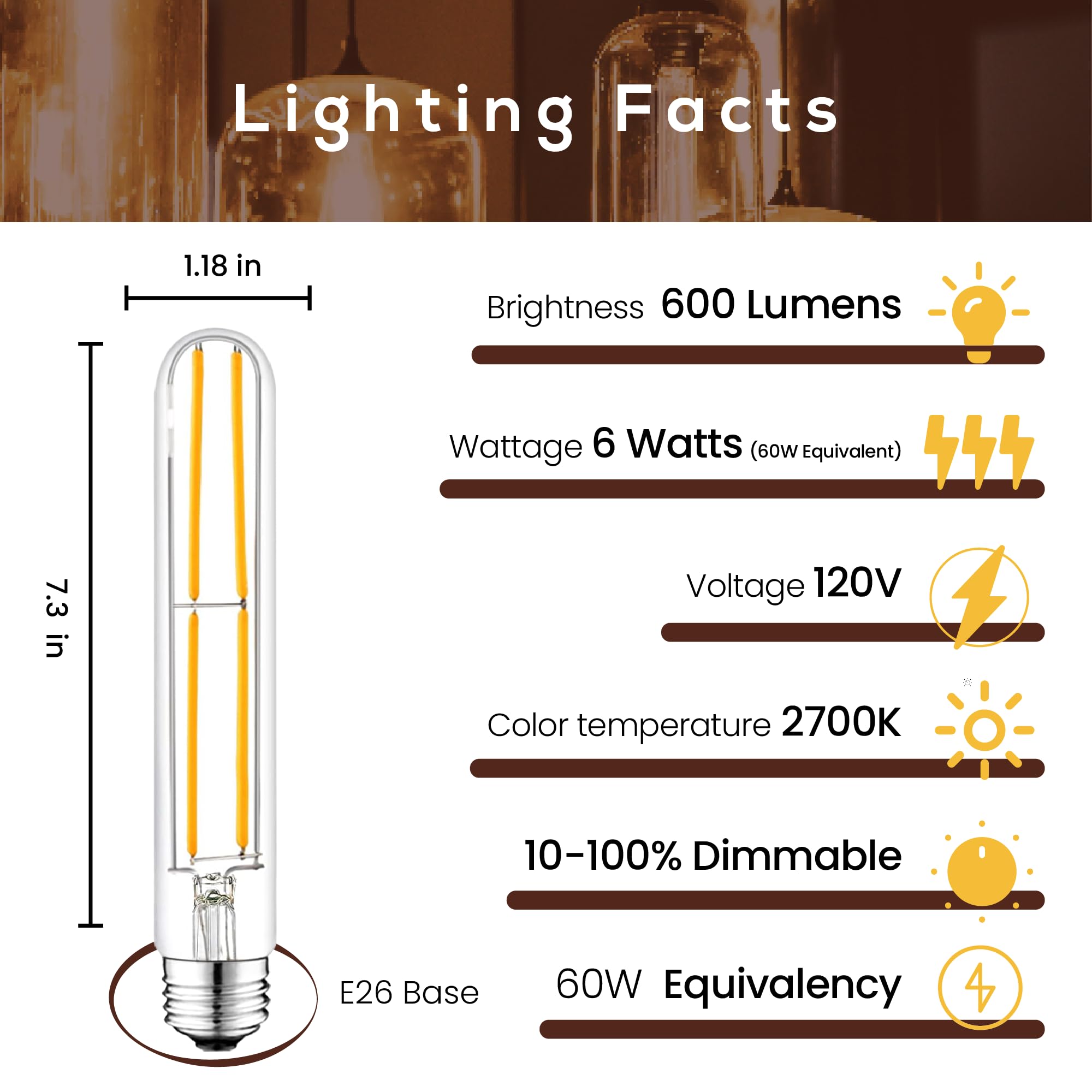 Weyolin T10 LED Bulb 6W (60W Equivalent) Warm White 2700K Glass 7.3 In Dimmable Edison Light Bulb for Pendant, Sconces