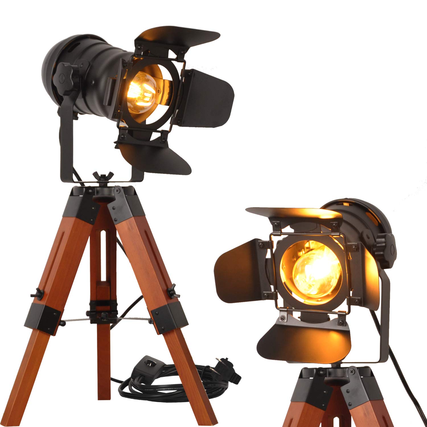 SUNLLOK Tripod Floor Lamp - Metal & Wooden Nautical Design - Adjustable Height - Black - Middle Size