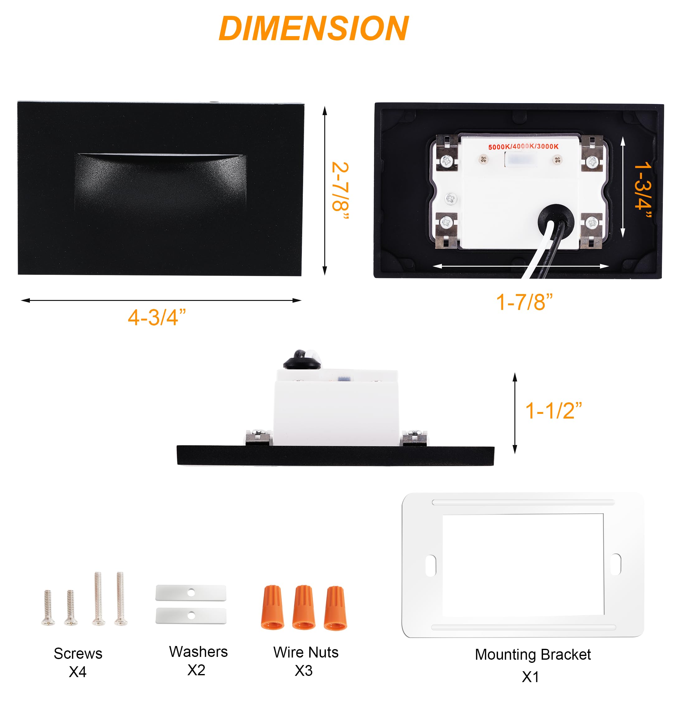 CLOUDY BAY 12V Low Voltage LED Step Light - 3 Color (3000K/4000K/5000K), Black, Aluminum, Model CBST003BK3C12