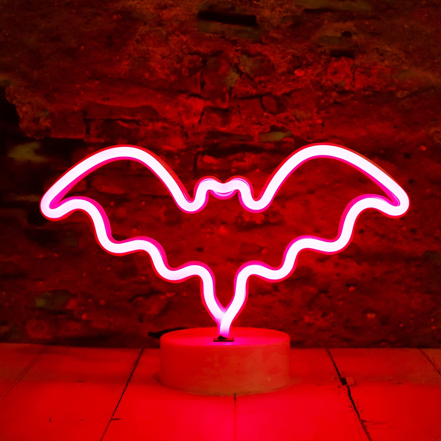 Vicila LED Neon Bat Lights Halloween Decorations, Bat Shape Neon Signs Night Lights Battery Operated Desk Table Lamp Gothic Decor for Bedroom, Bar, Wall-Bat with Holder Base(Red)
