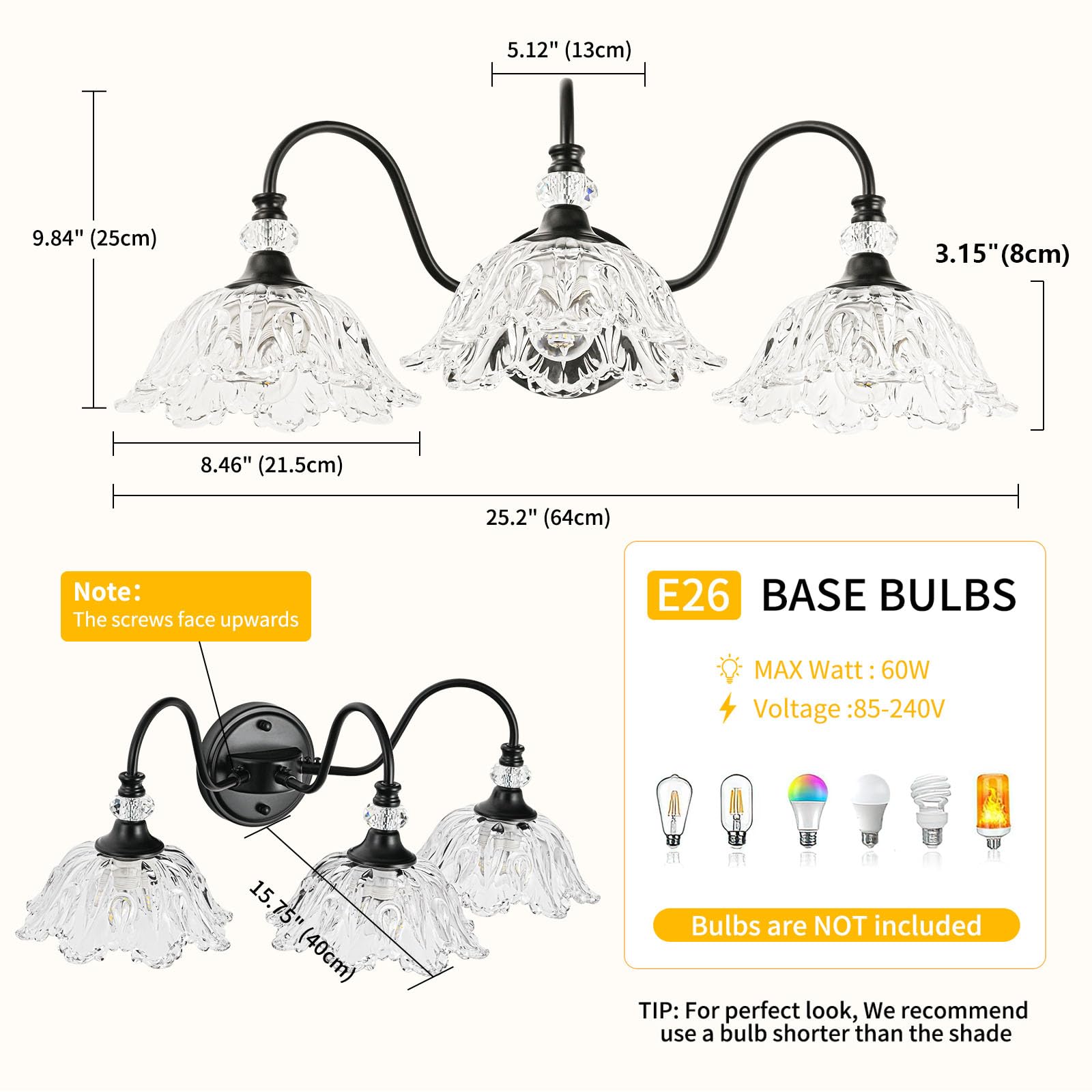 Black Bathroom Vanity Light 3-Light Vanity Light With Crystal Glass Shades Vintage Farmhouse Vanity Lighting For Bathroom And Dressing Table