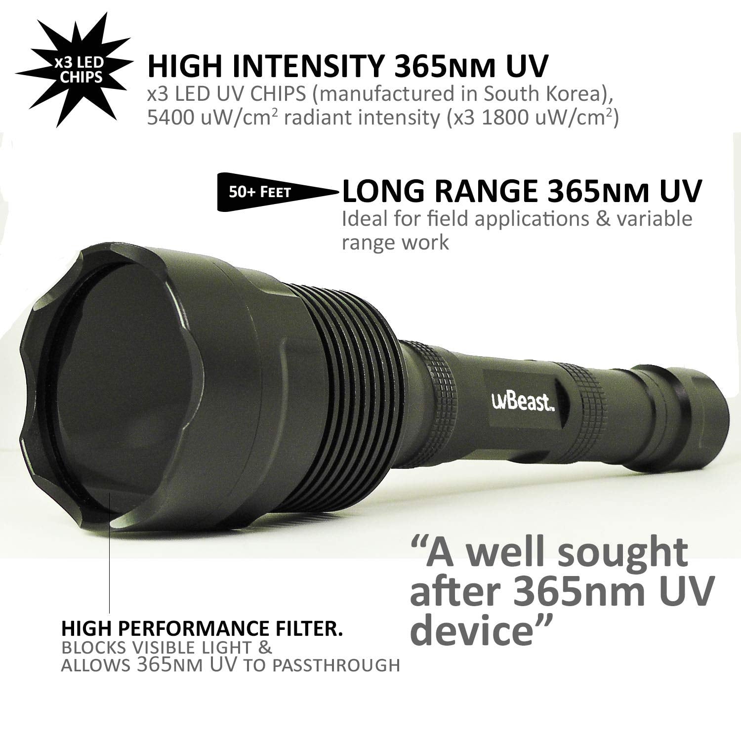 uvBeast UV Flashlight V3 365nm - High Power Ultraviolet Beam, Metallic Black, Professional Grade, USA Stock