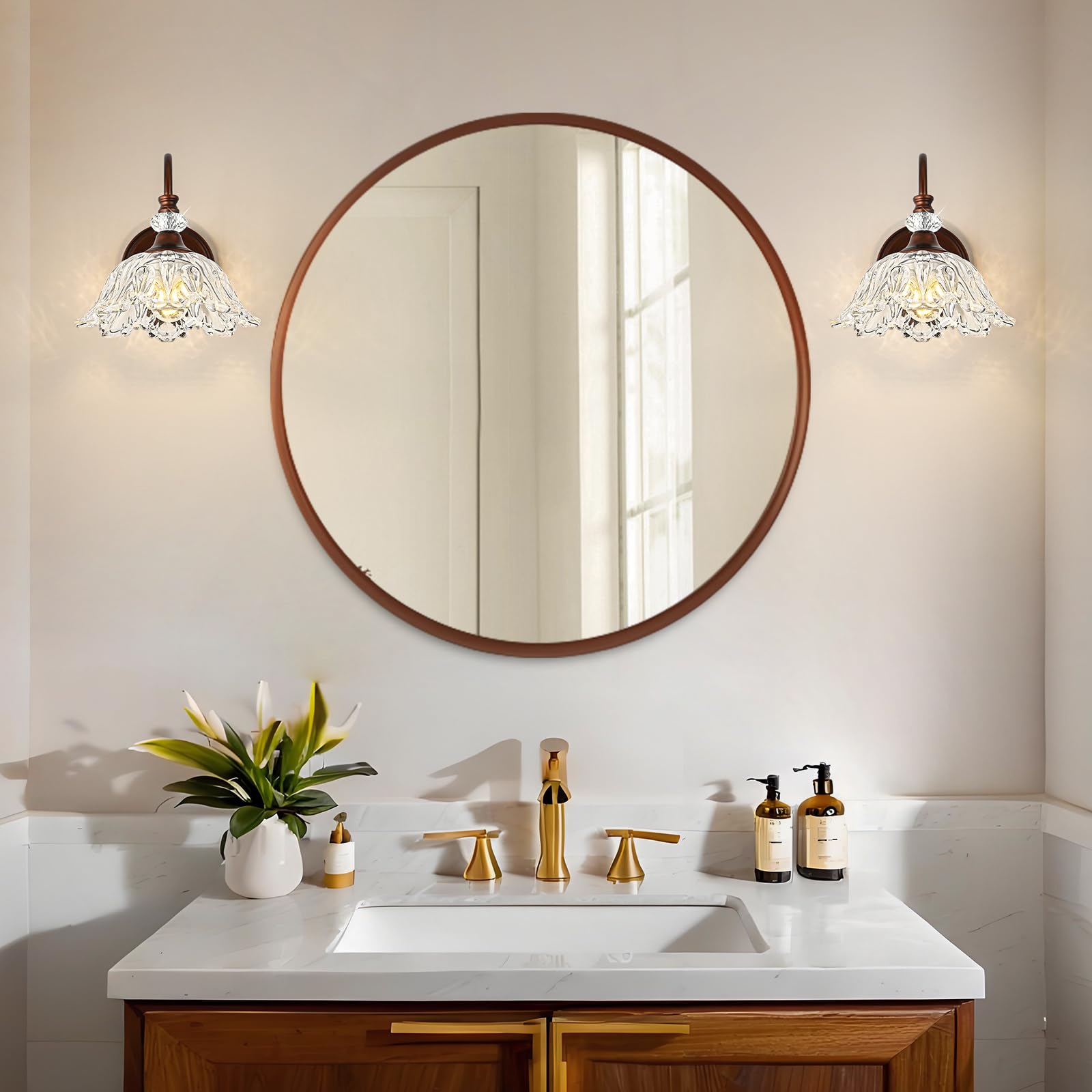 sunkryster 1-Light Oil-Rubbed Bronze Vintage Wall Sconce with Floral Glass Shade, Farmhouse Bathroom Vanity Light, Model Sun-104AB-1-ORB
