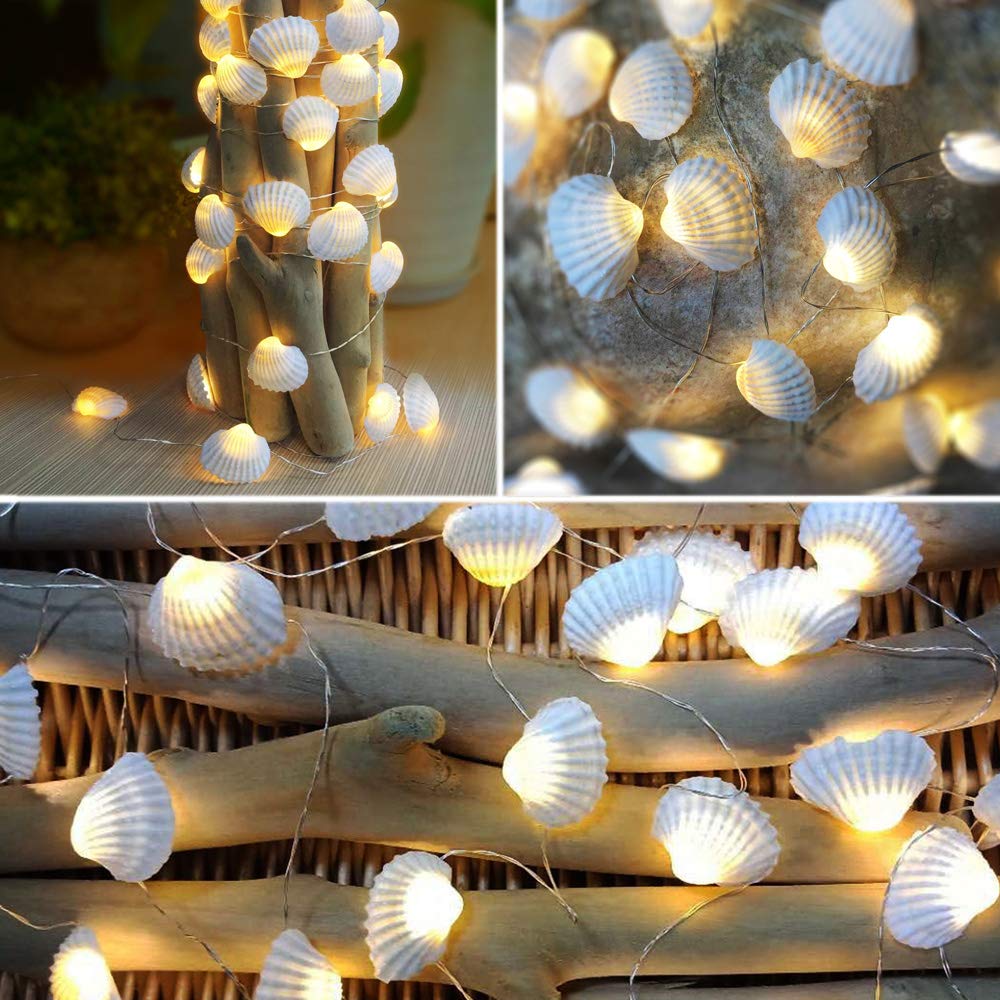 Starryfill Ocean Real Seashell 0.8(H) 40 LED String Lights 13.85Ft Battery Operated Waterproof Warm White with Timer and Remote