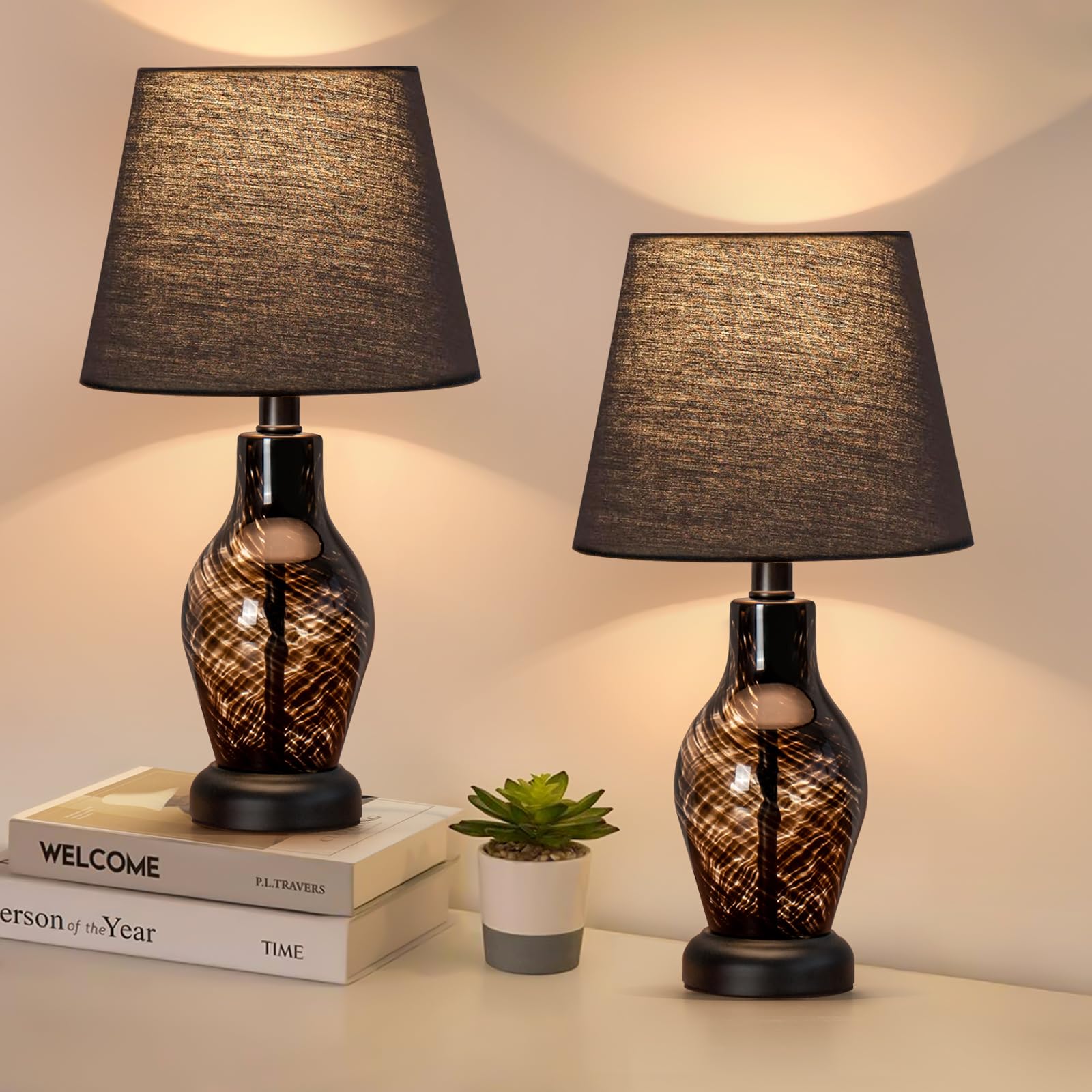 ONEWISH Small Bedside Table Lamp Set of 2, Wine Bottle Shape Glass Body, Warm Ambient Lighting, Bulb Included, 14'' Height, Blac