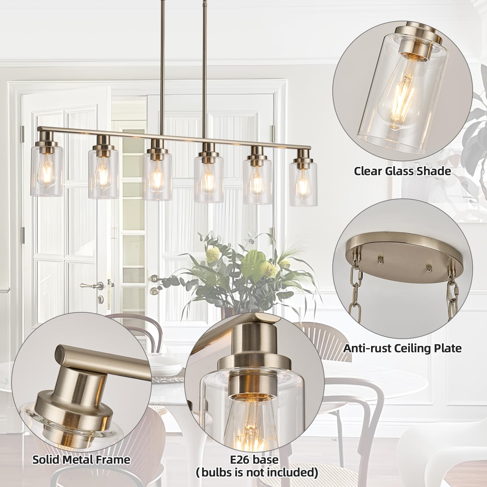 KPIOK 6-Light Linear Chandelier Pendant - Satin Brushed Nickel, Metal, Clear Glass Shade for Dining Room or Kitchen Island, Model BB003P-