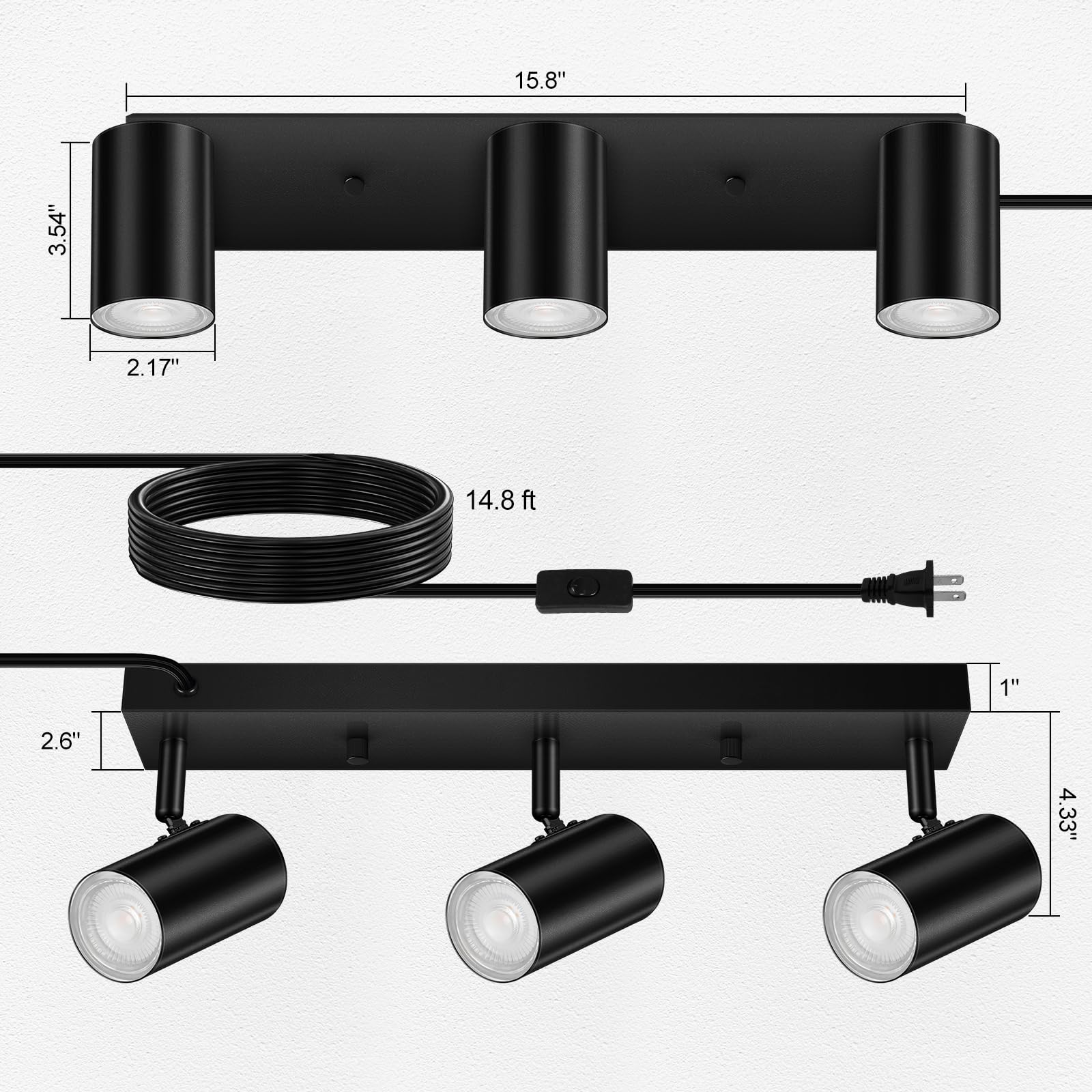 Auquee 3 Light Track Lighting Kit,Black 3 Way Modern Plug In Ceiling Spotlight,Industrial Led Wall Light For Kitchen Cabinet Gal
