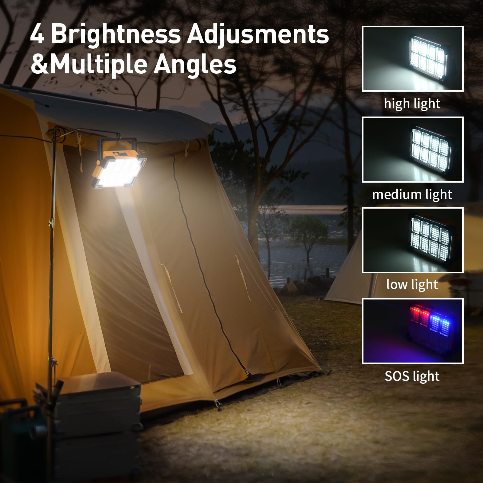 DANCINGBOAR 120W Solar Rechargeable Work Light - 144 LED, 10000LM, IP66 Waterproof, Yellow, Model U8CUP, Portable Flood Light for Camping &