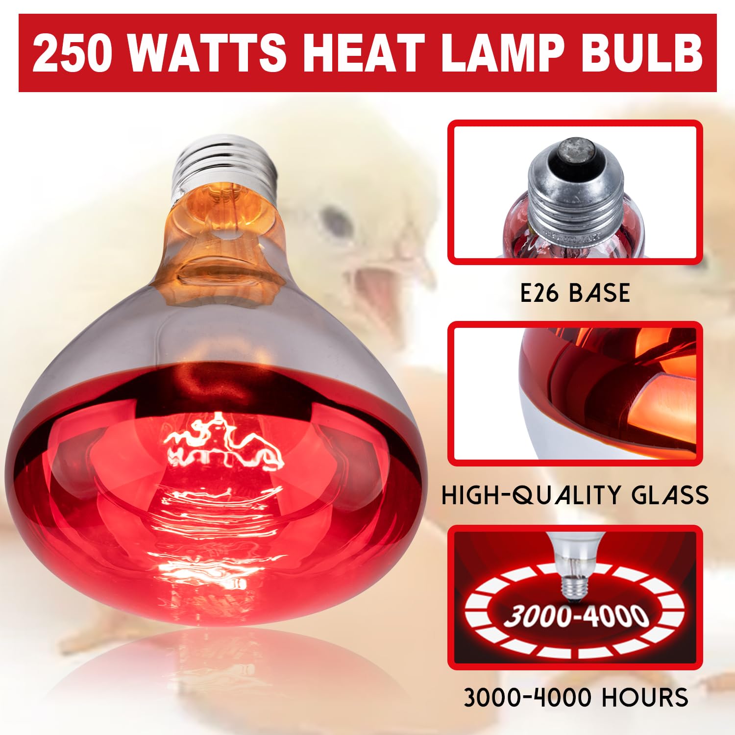 4 Pack 250 Watts Heat Lamp Bulbs, R40 Brooder Heat Lamp For Chickens, Infrared Reflector Heat Bulbs For Brooder Heater, Incandes