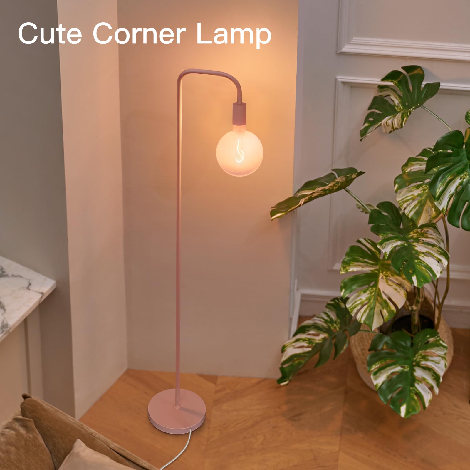 Onewish Pink Floor Lamp For Bedroom, Cute Standing Lamp With Led Bulb, Translucent Pink Globe Glass 2700K Warm Lighting. Globe F