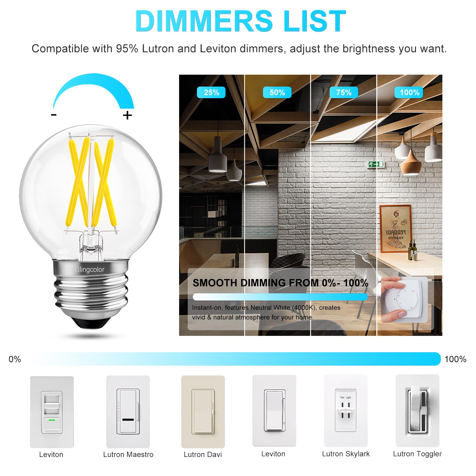 6 Pack G16.5 Led Bulbs 60W, 6W Dimmable G16.5 Globe E26 Led Light Bulb, E26 Led Bulbs 60 Watt Equivalent, Neutral White 4000K Sm