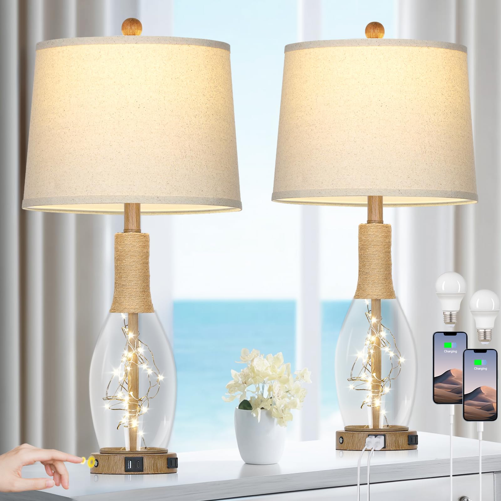 Cinyirong 28  Boho Glass Table Lamps Set of 2, Touch Control Bedside Lamps with 2 USB Ports and Outlet, Rattan Lamp with Night L