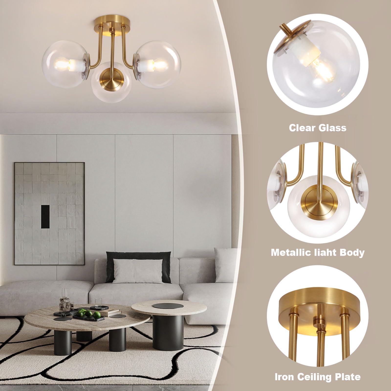 Bektas 3-Lights Semi Flush Mount Ceiling Light Fixture Brushed Gold Light Fixture Bend Modeling With Transparent Glass Shade For