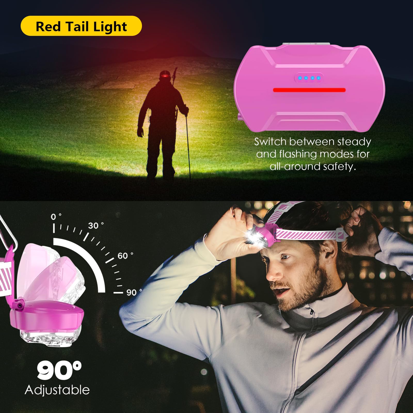 MIOISY Rechargeable Headlamp 20000 Lumens 5 LED IPX4 Waterproof 8 Modes 1-Pack Pink HL-HL-C01