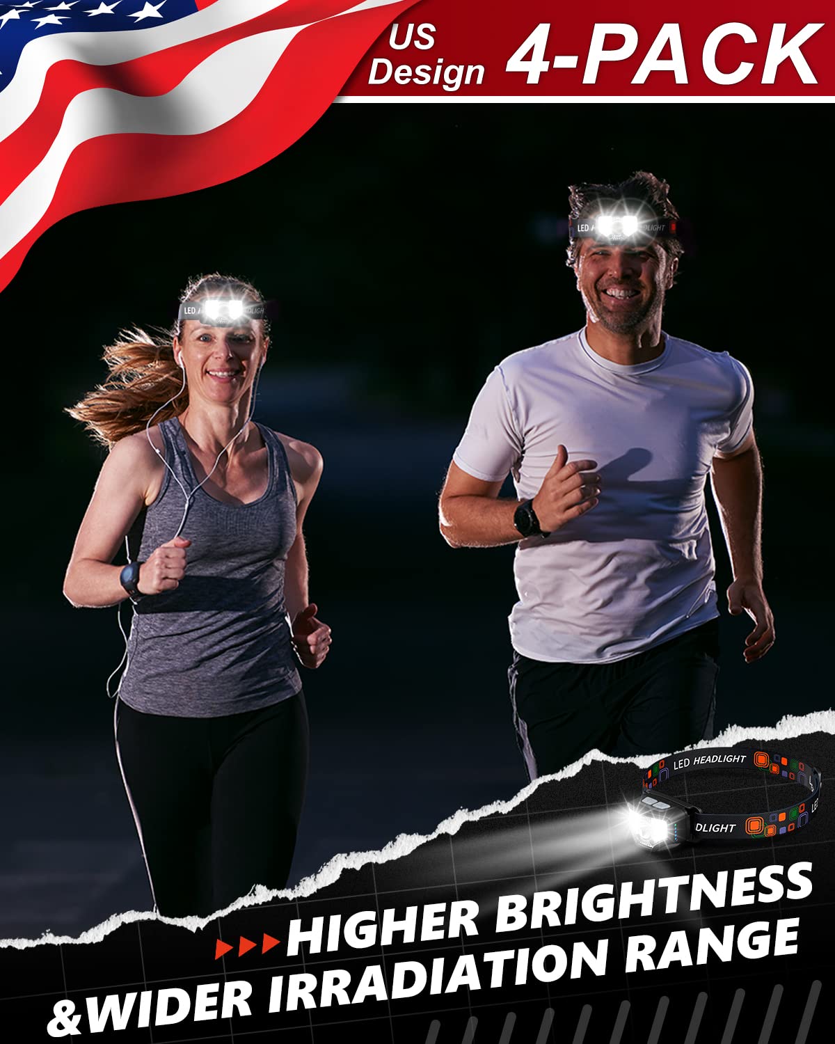 GETASI Rechargeable LED Headlamp, 1200 Lumen, Waterproof, Black, 4-Pack, Model TD-04, Ideal for Hiking, Running, Fishing, Cycling